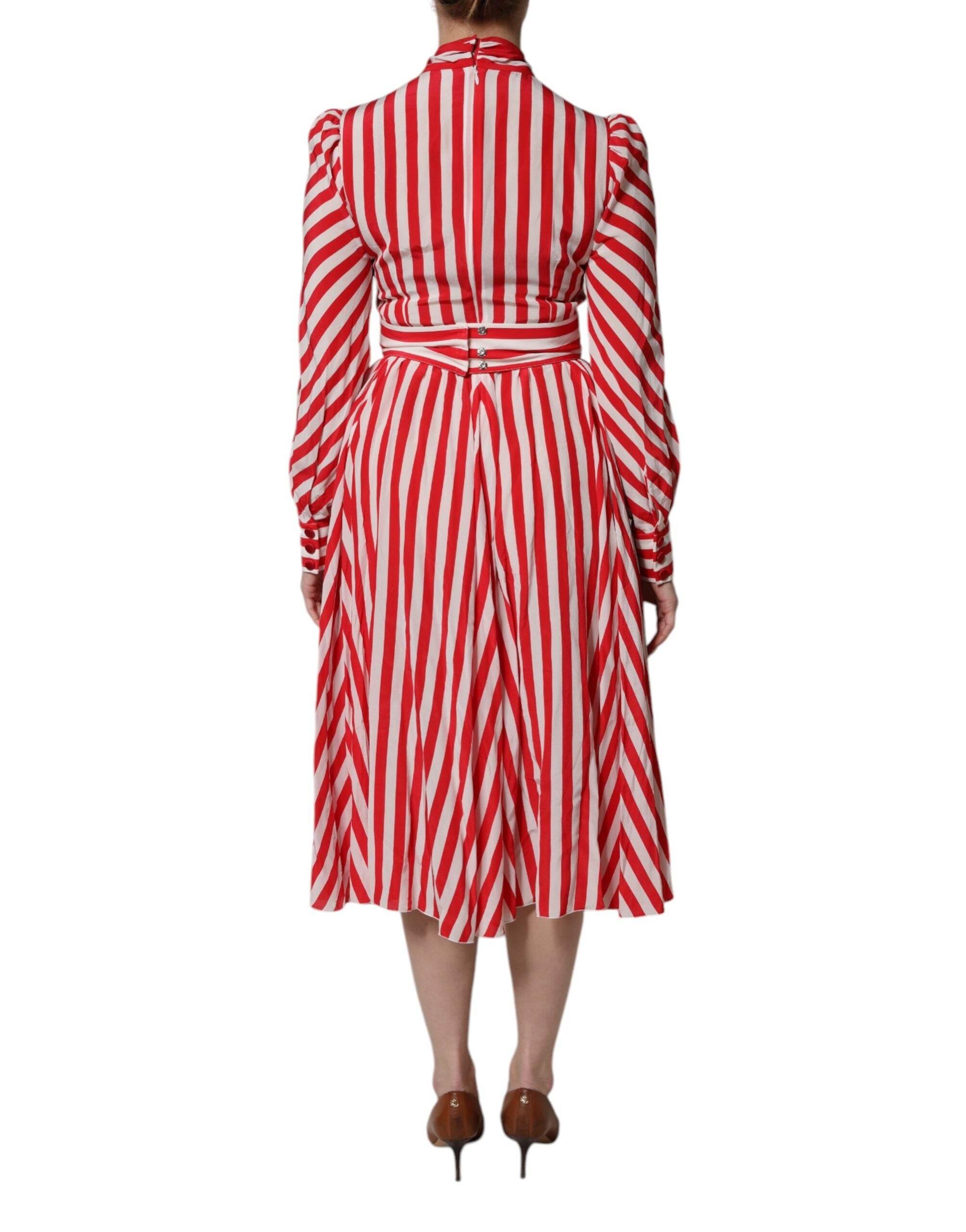 Dolce & Gabbana White Red Stripes Long Sleeves Midi Dress - Hilstor