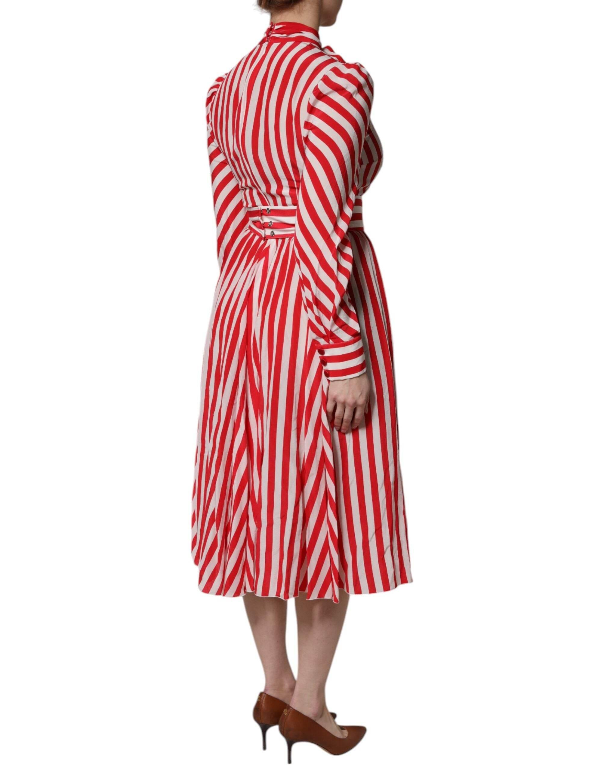 Dolce & Gabbana White Red Stripes Long Sleeves Midi Dress - Hilstor