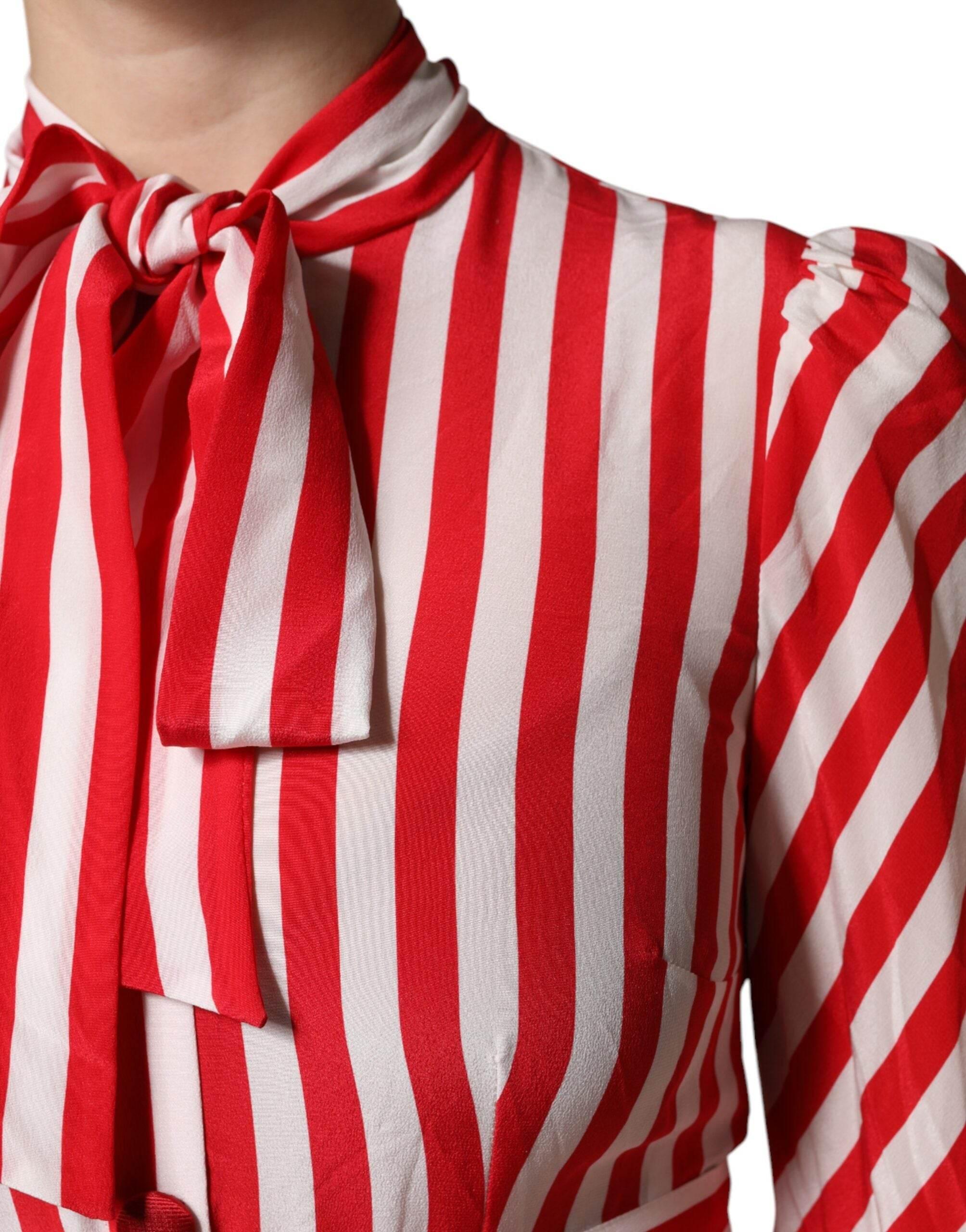 Dolce & Gabbana White Red Stripes Long Sleeves Midi Dress - Hilstor
