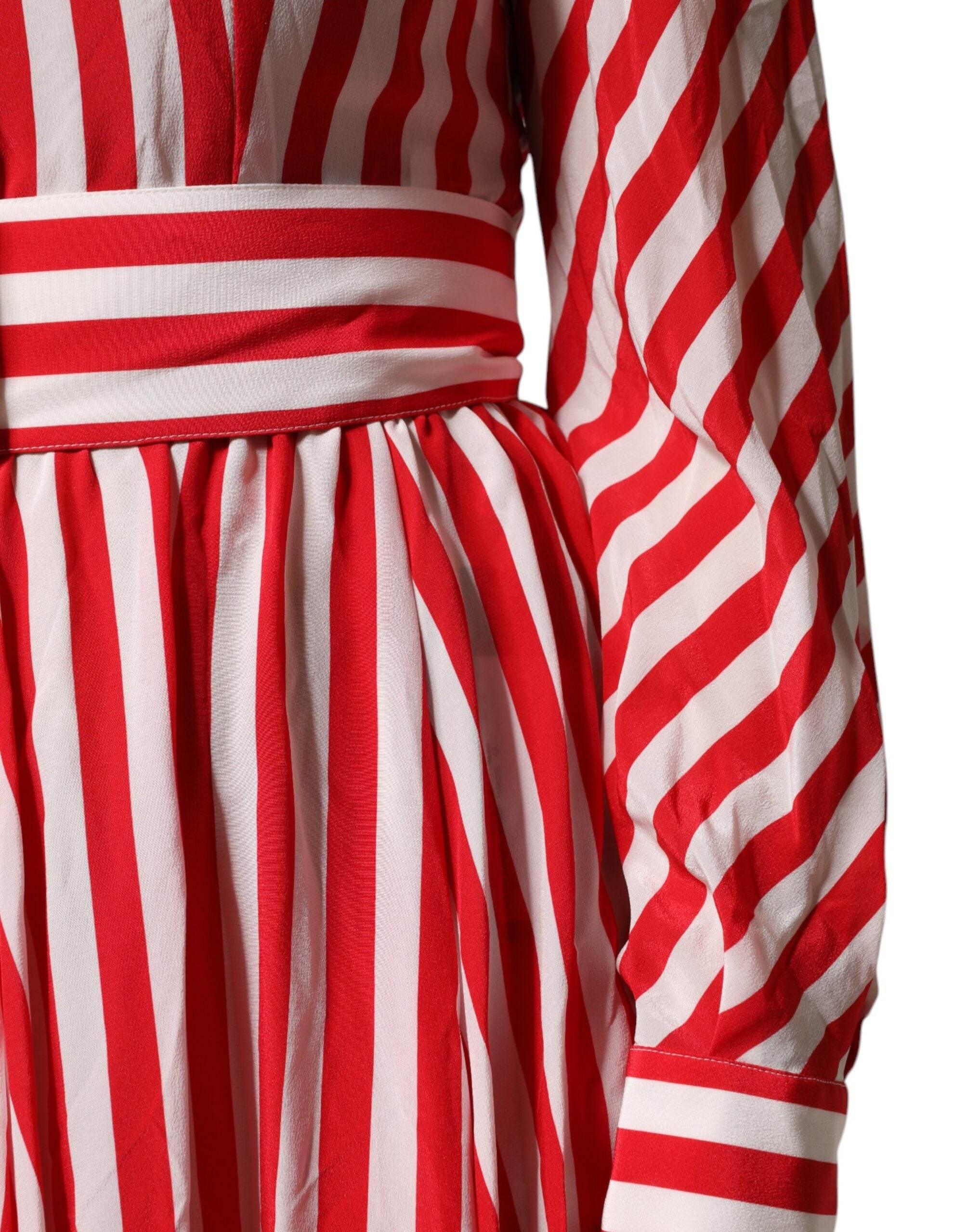 Dolce & Gabbana White Red Stripes Long Sleeves Midi Dress - Hilstor
