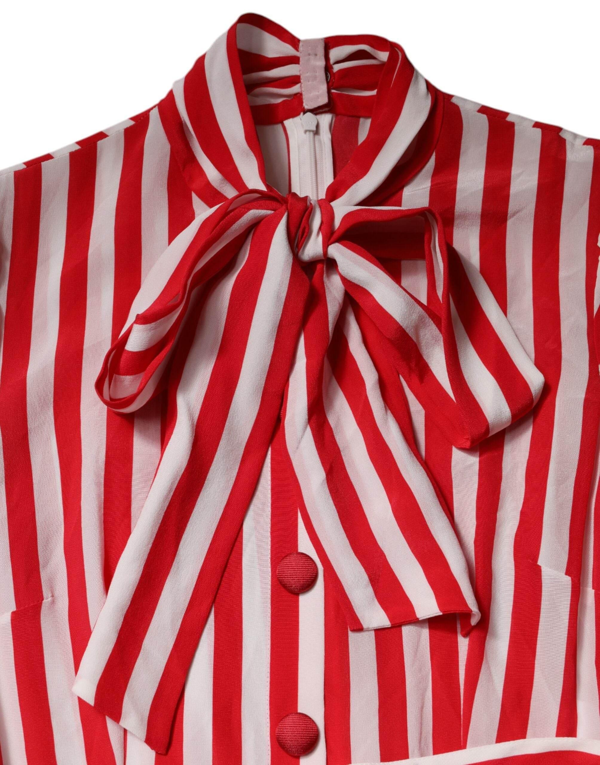 Dolce & Gabbana White Red Stripes Long Sleeves Midi Dress - Hilstor