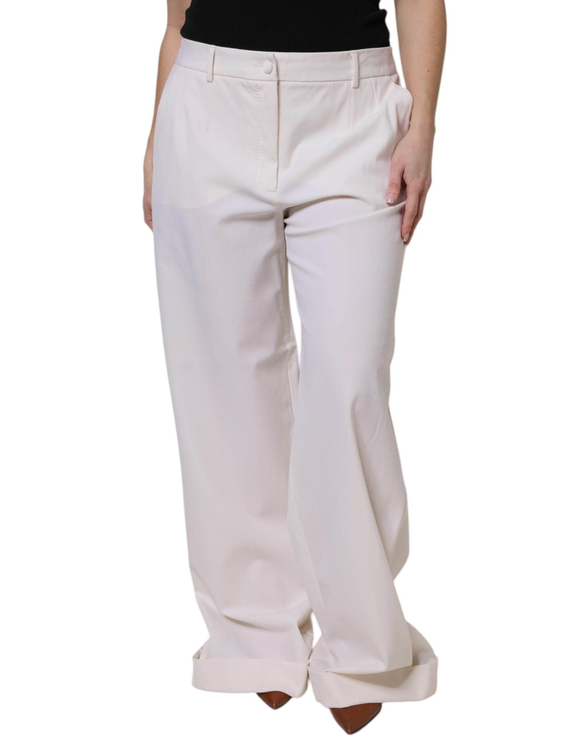 Dolce & Gabbana White Wool Mid Waist Wide Leg Pants - Hilstor