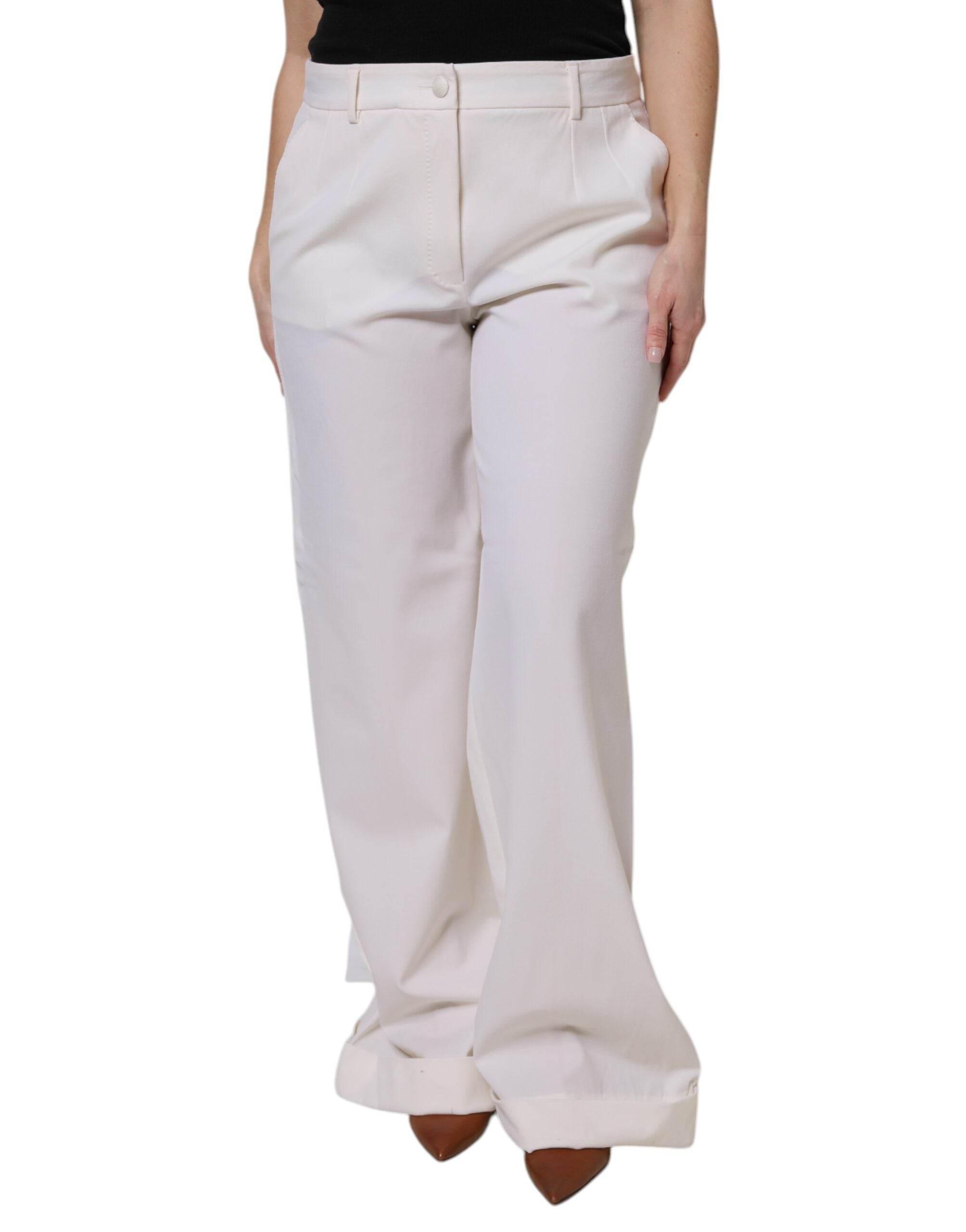 Dolce & Gabbana White Wool Mid Waist Wide Leg Pants - Hilstor