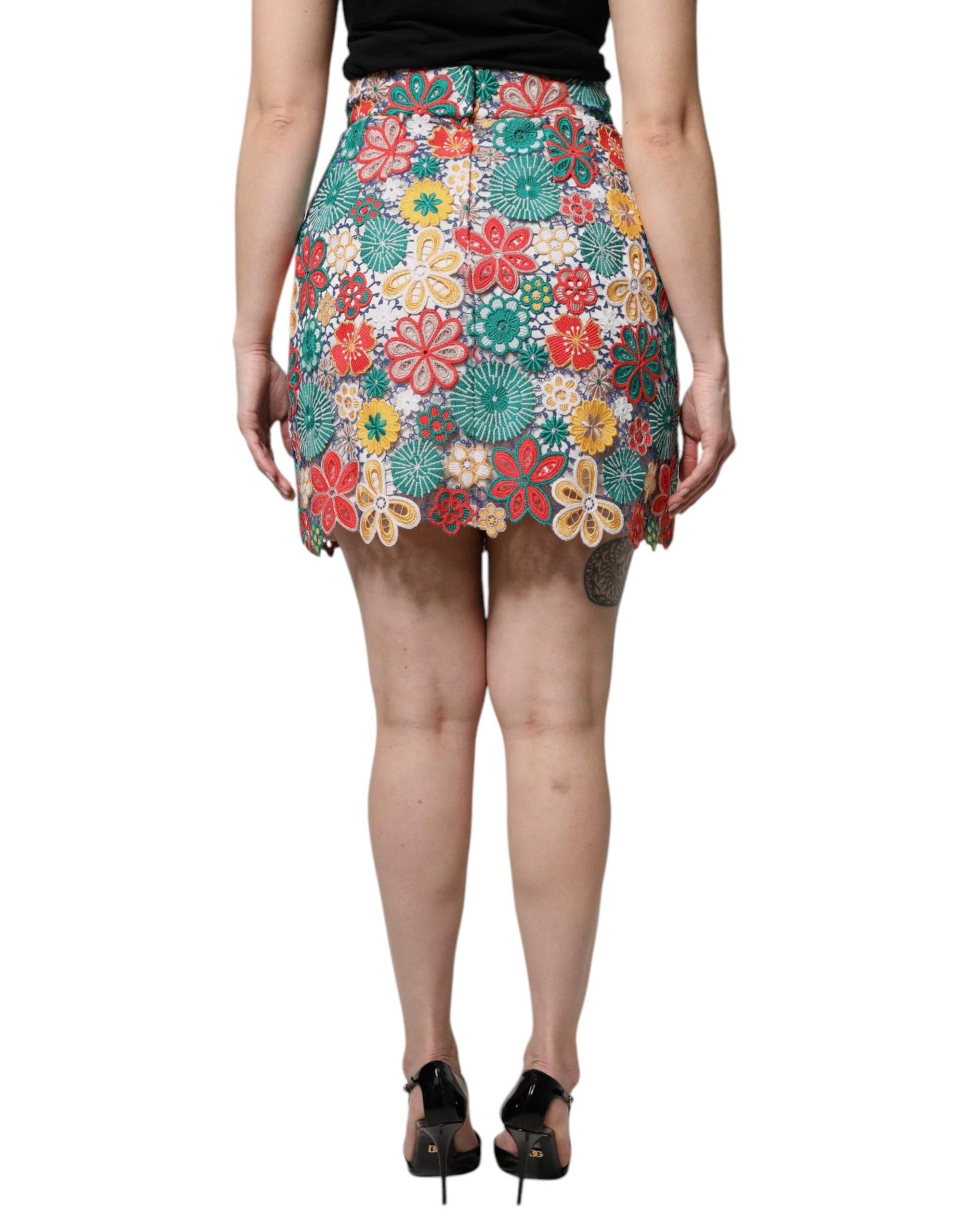 Dolce & Gabbana Multicolor Floral Lace High Waist Mini Skirt - Hilstor
