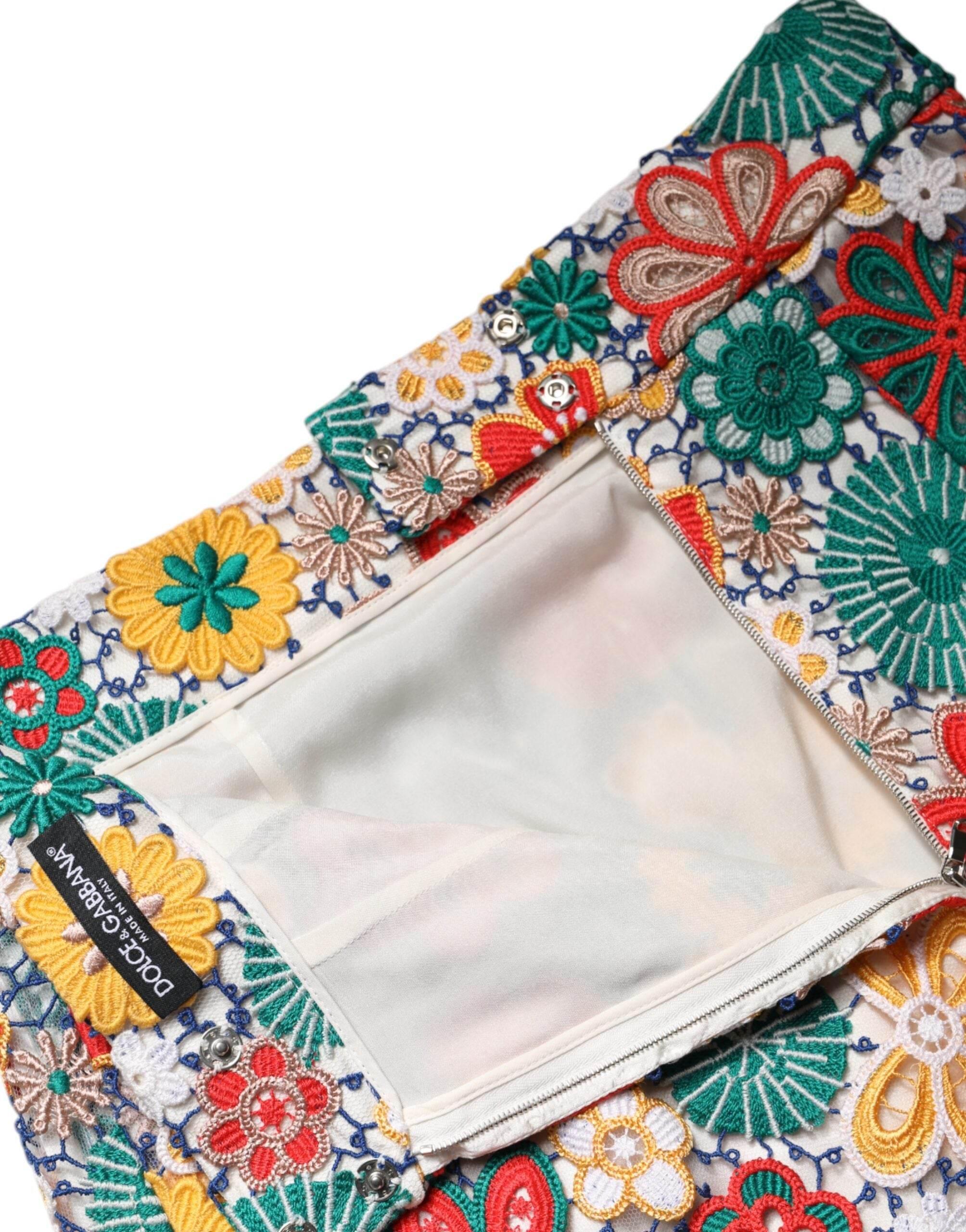 Dolce & Gabbana Multicolor Floral Lace High Waist Mini Skirt - Hilstor