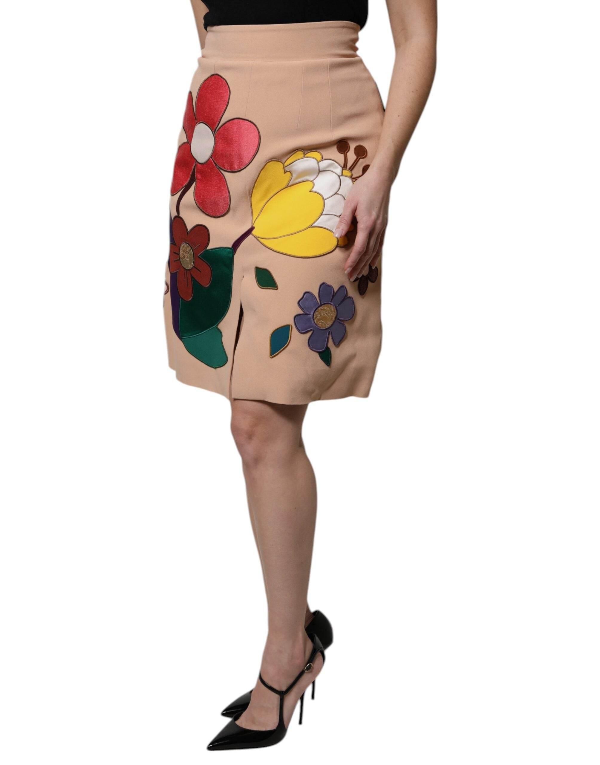 Dolce & Gabbana Beige Floral High Waist Pencil Cut Skirt - Hilstor