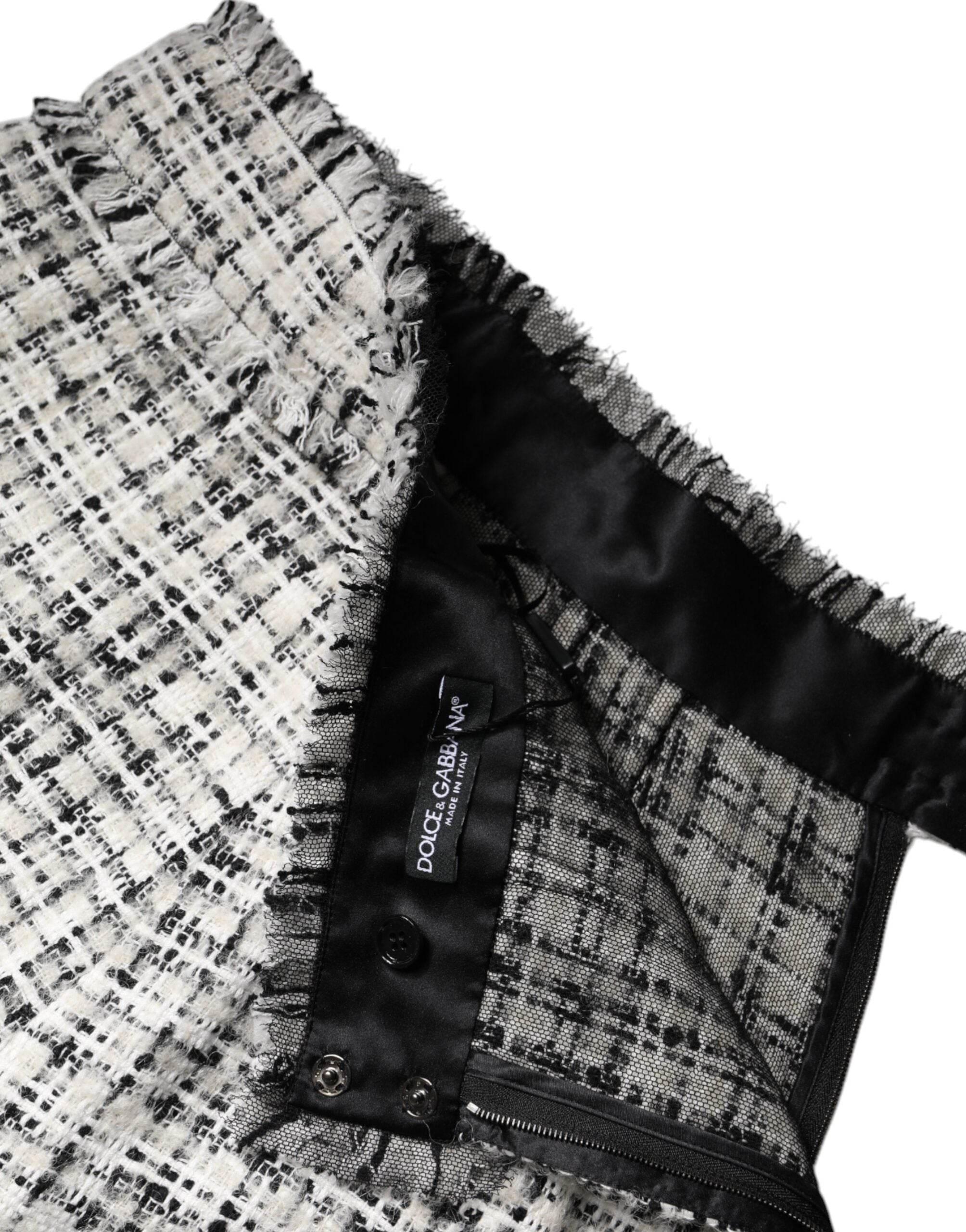 Dolce & Gabbana White Black High Waist Tartan Tweed Mini Skirt - Hilstor