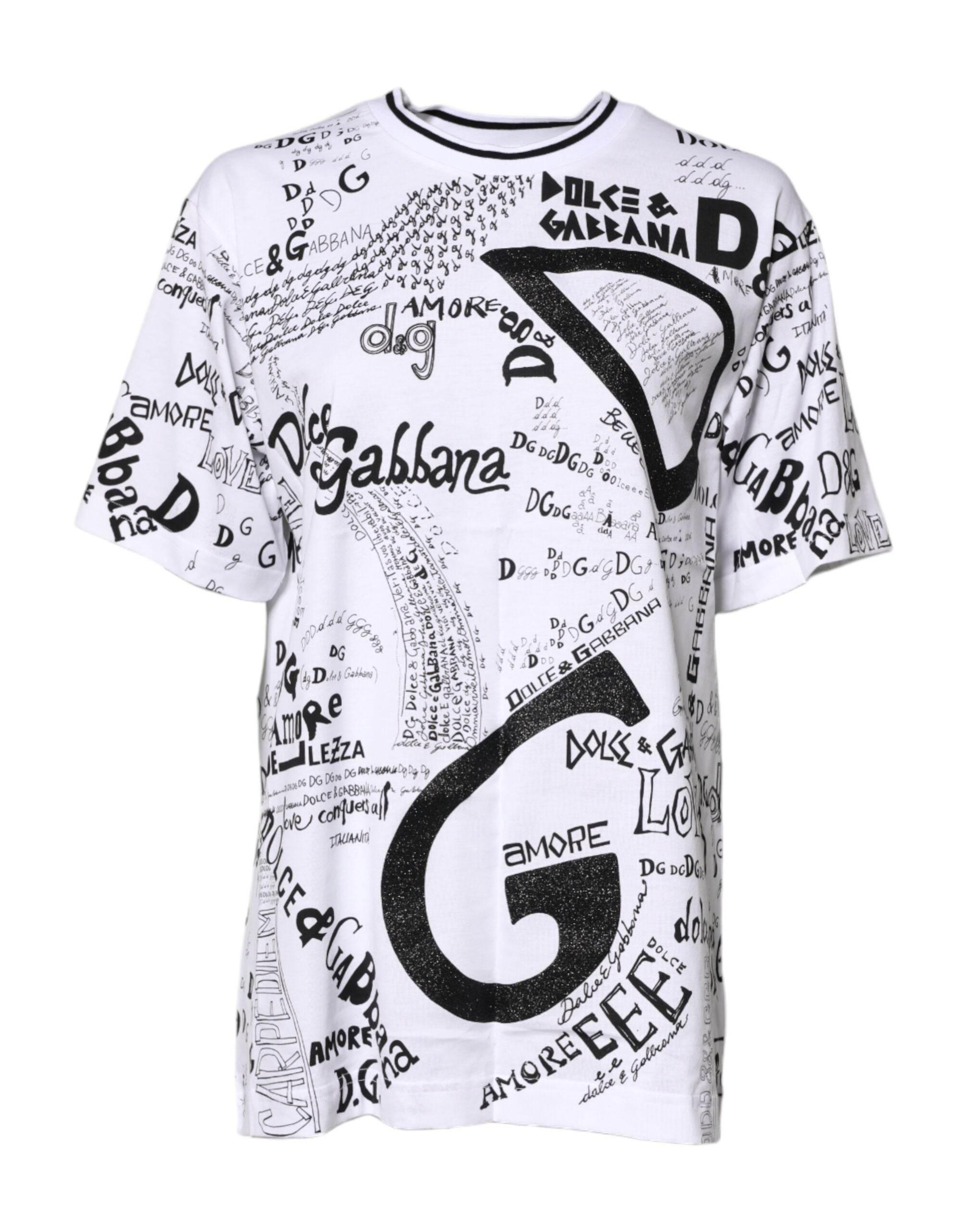 Dolce & Gabbana White Graffiti Print Cotton Crew Neck T-shirt - Hilstor