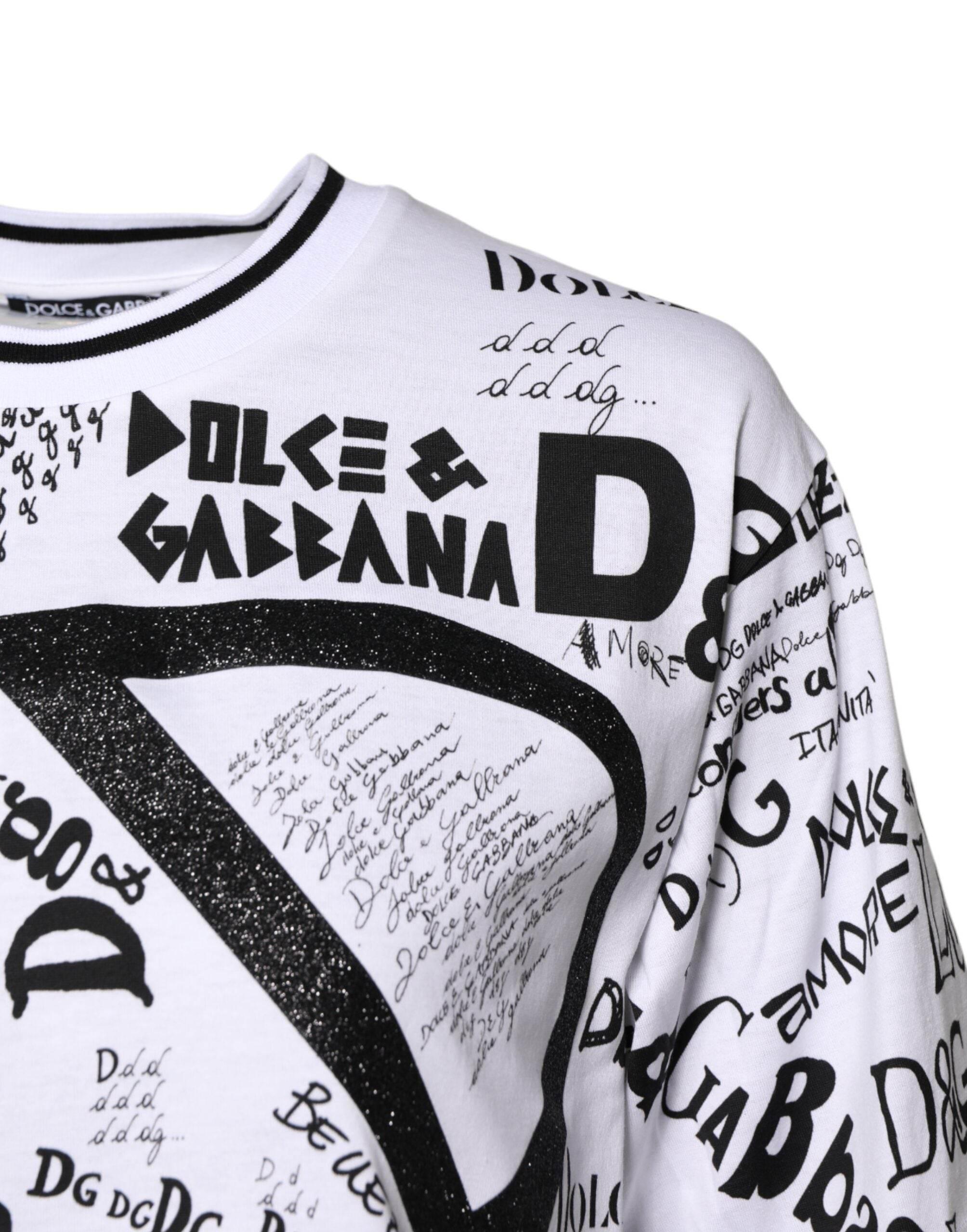 Dolce & Gabbana White Graffiti Print Cotton Crew Neck T-shirt - Hilstor