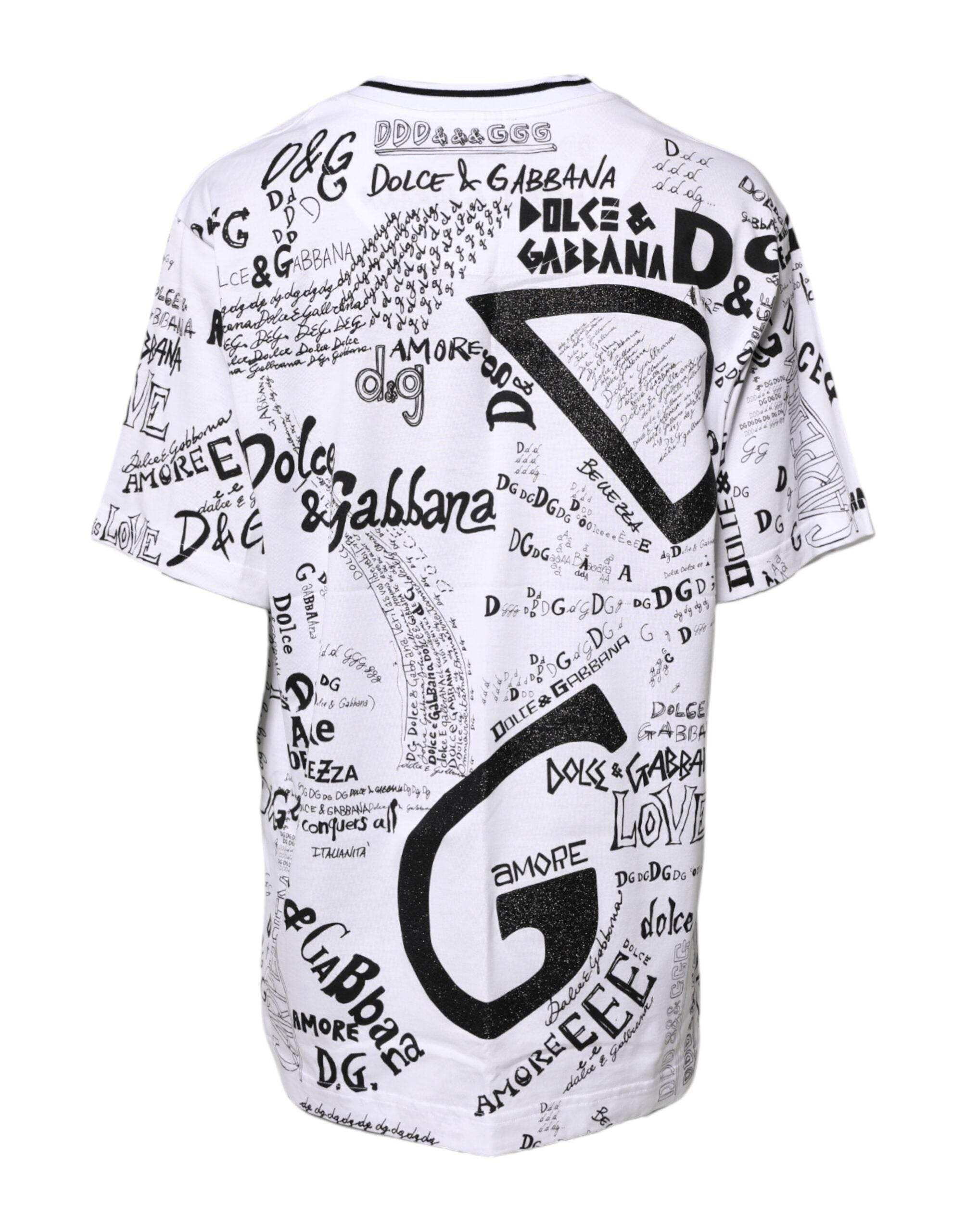 Dolce & Gabbana White Graffiti Print Cotton Crew Neck T-shirt - Hilstor