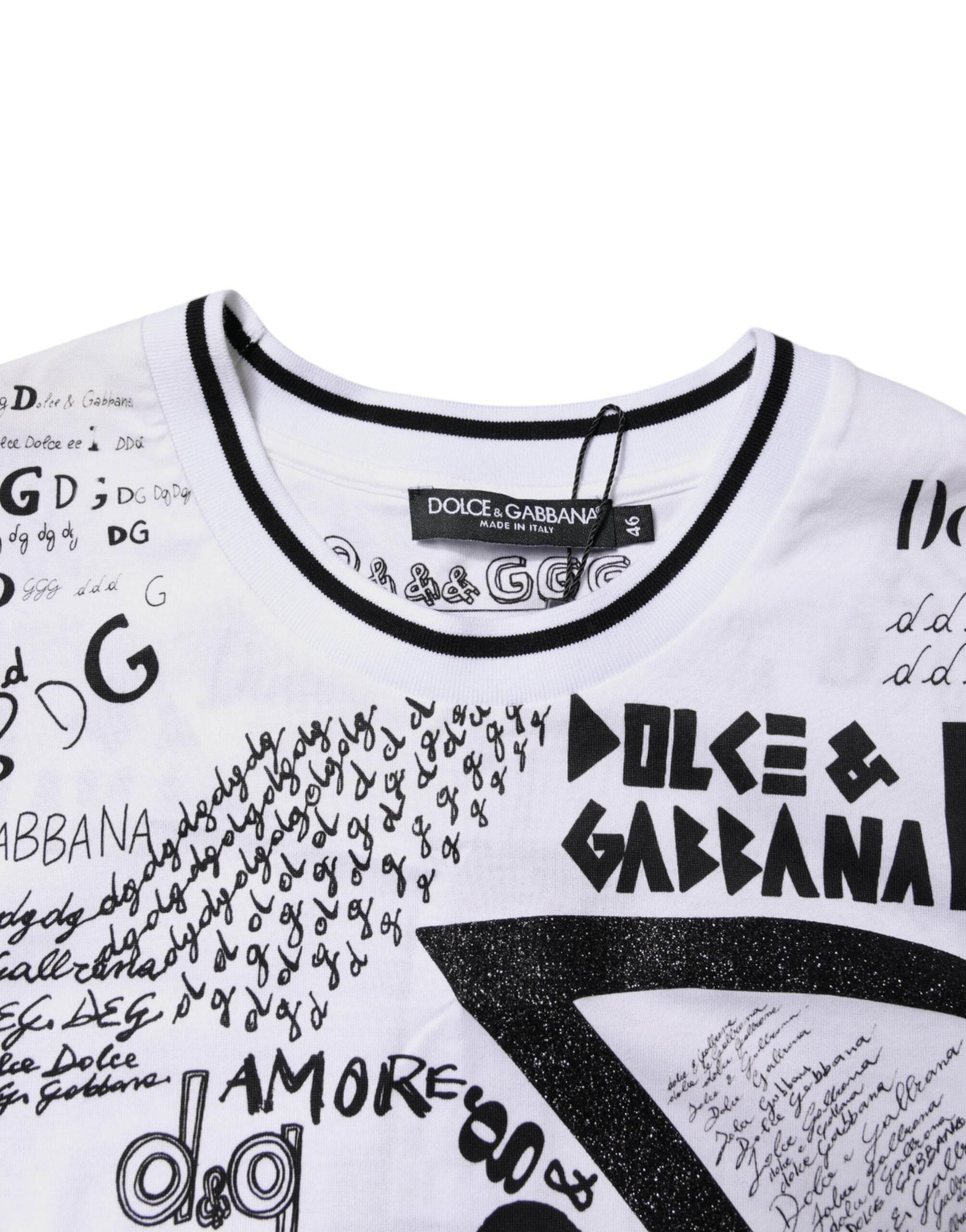 Dolce & Gabbana White Graffiti Print Cotton Crew Neck T-shirt - Hilstor