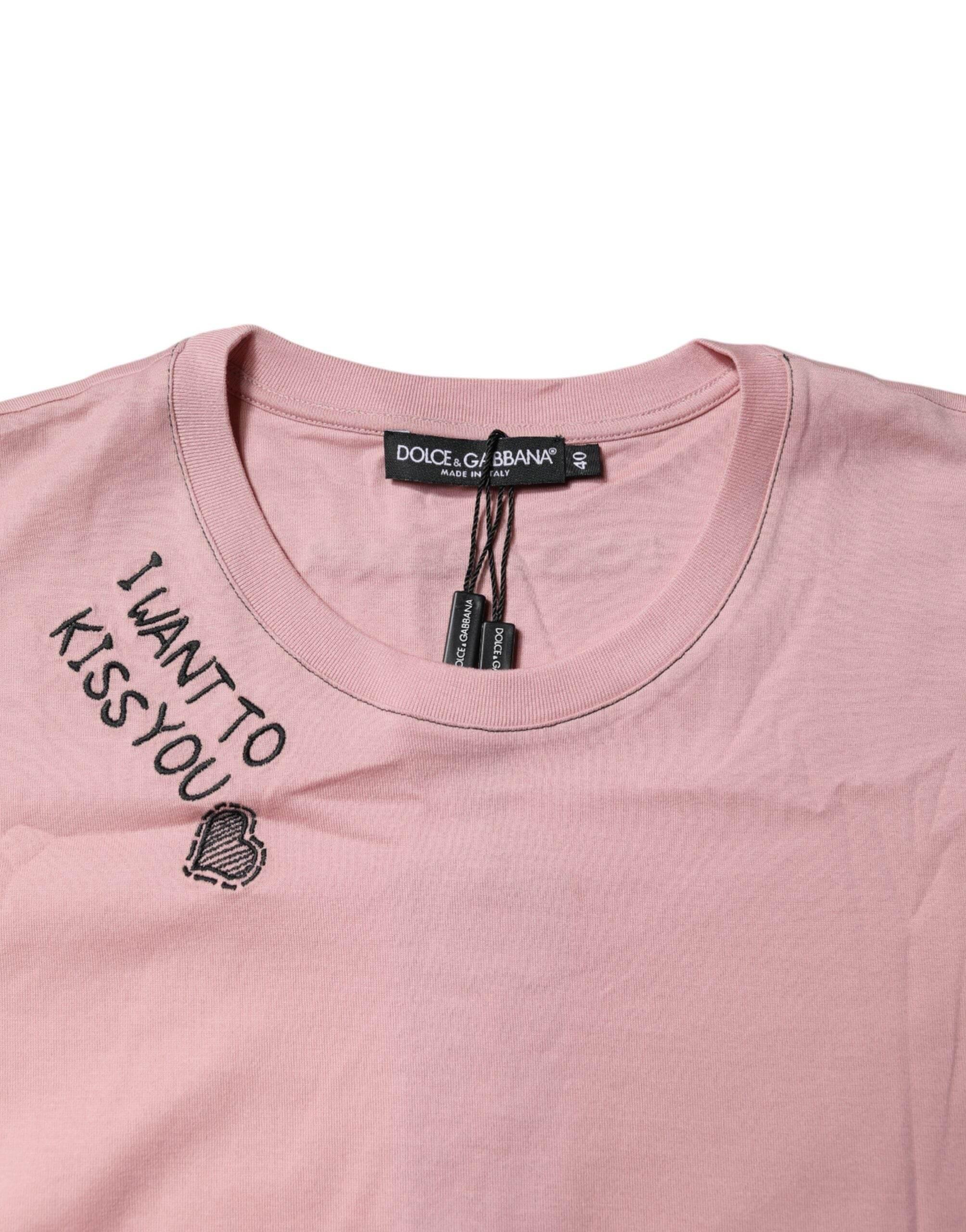 Dolce & Gabbana Pink Logo Print Cotton Crew Neck T-shirt - Hilstor