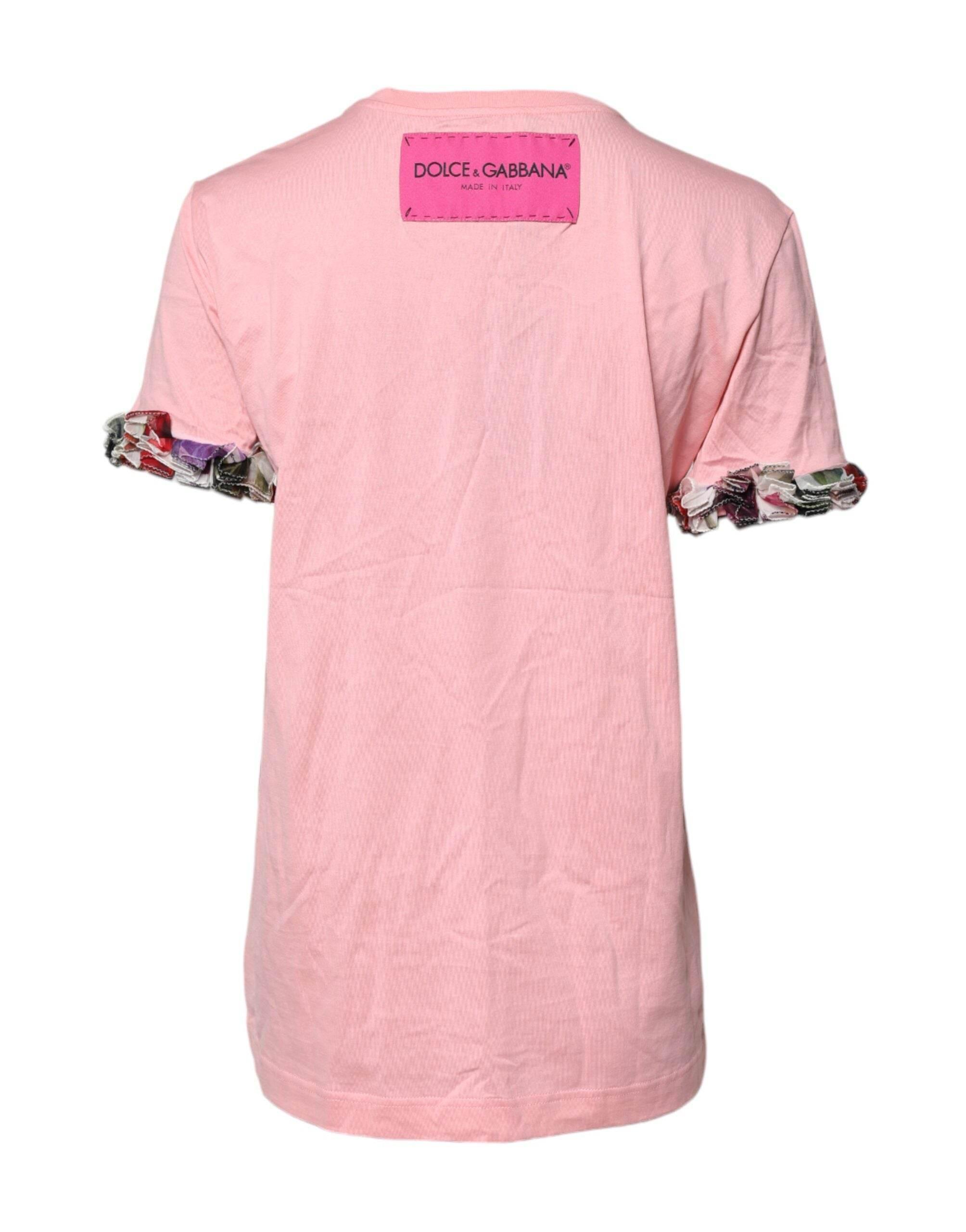 Dolce & Gabbana Pink Logo Print Cotton Crew Neck Tee T-shirt - Hilstor