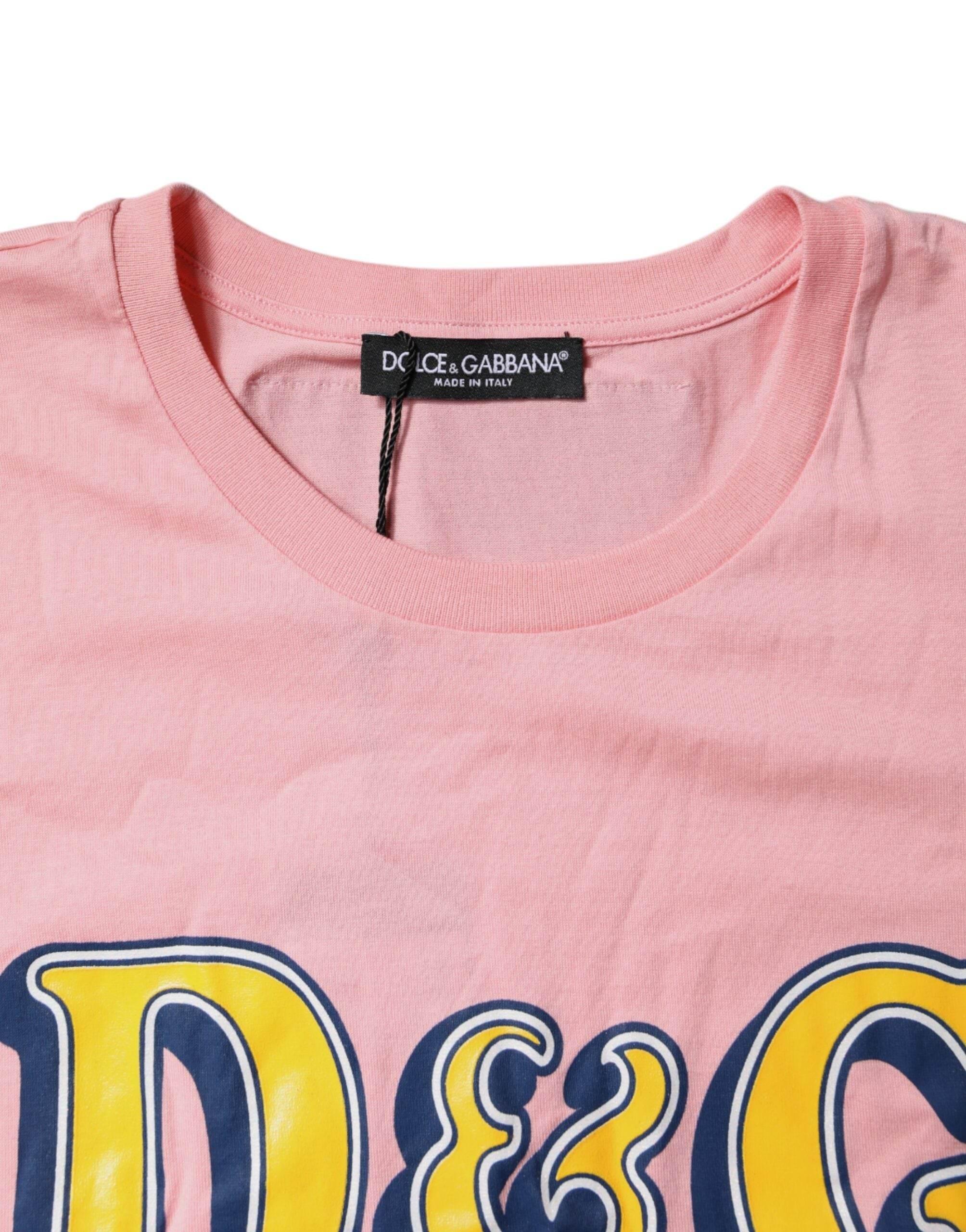 Dolce & Gabbana Pink Logo Print Cotton Crew Neck Tee T-shirt - Hilstor