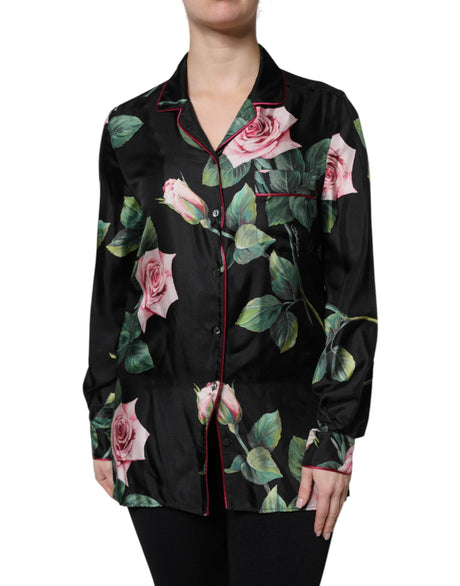 Dolce & Gabbana Black Floral Silk Lounge Sleepwear Blouse Top - Hilstor