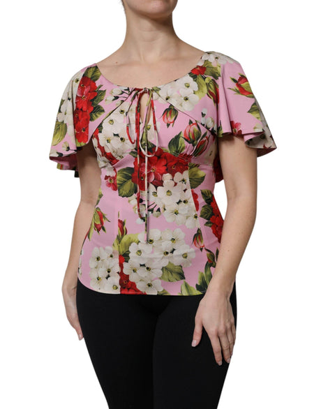 Dolce & Gabbana Pink Floral Silk Short Sleeves Blouse Top - Hilstor