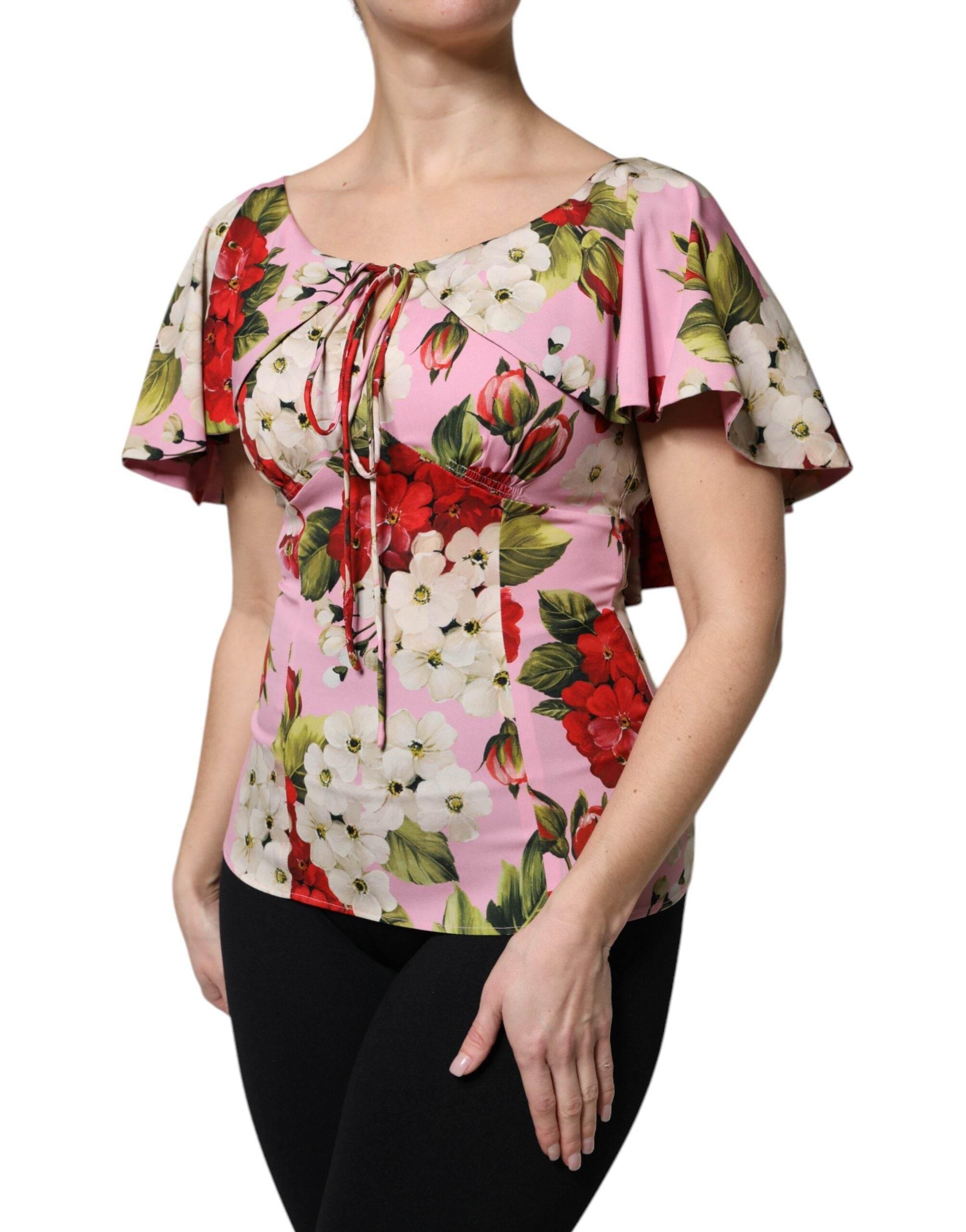 Dolce & Gabbana Pink Floral Silk Short Sleeves Blouse Top - Hilstor