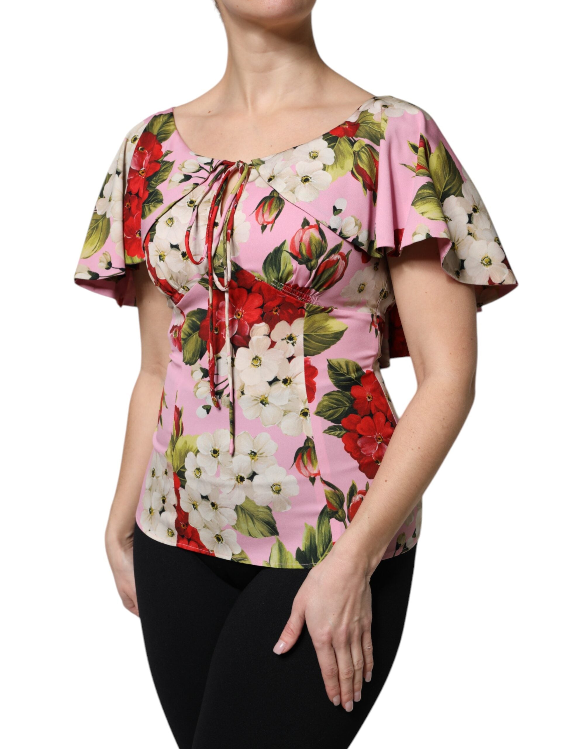Dolce &amp; Gabbana Pink Floral Silke Kortærmet Bluse Top