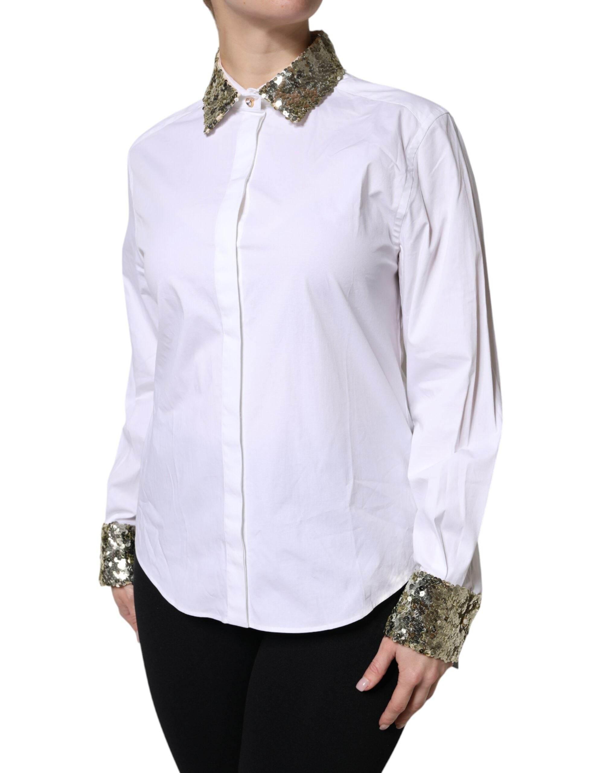 Dolce & Gabbana White Cotton Long Sleeves Sequin Shirt Top - Hilstor