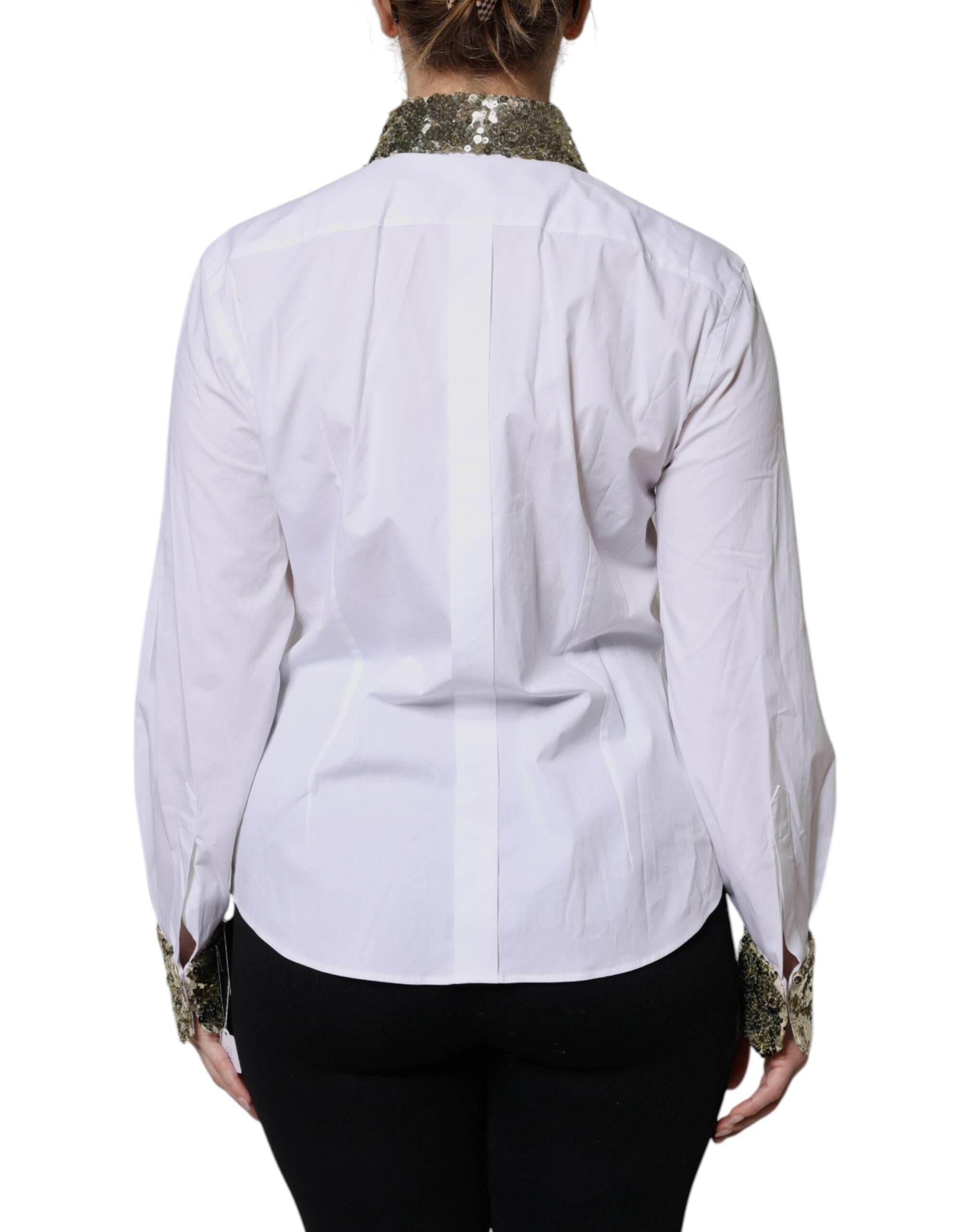 Dolce & Gabbana White Cotton Long Sleeves Sequin Shirt Top - Hilstor