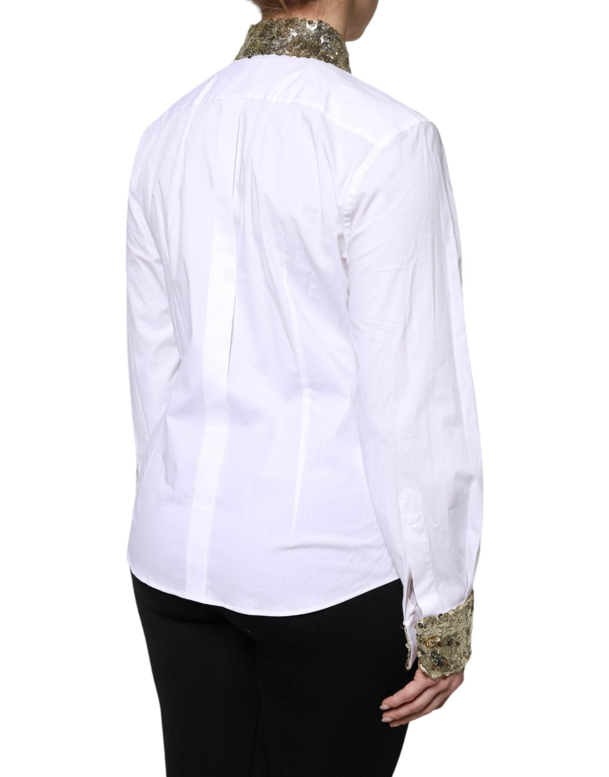 Dolce & Gabbana White Cotton Long Sleeves Sequin Shirt Top - Hilstor