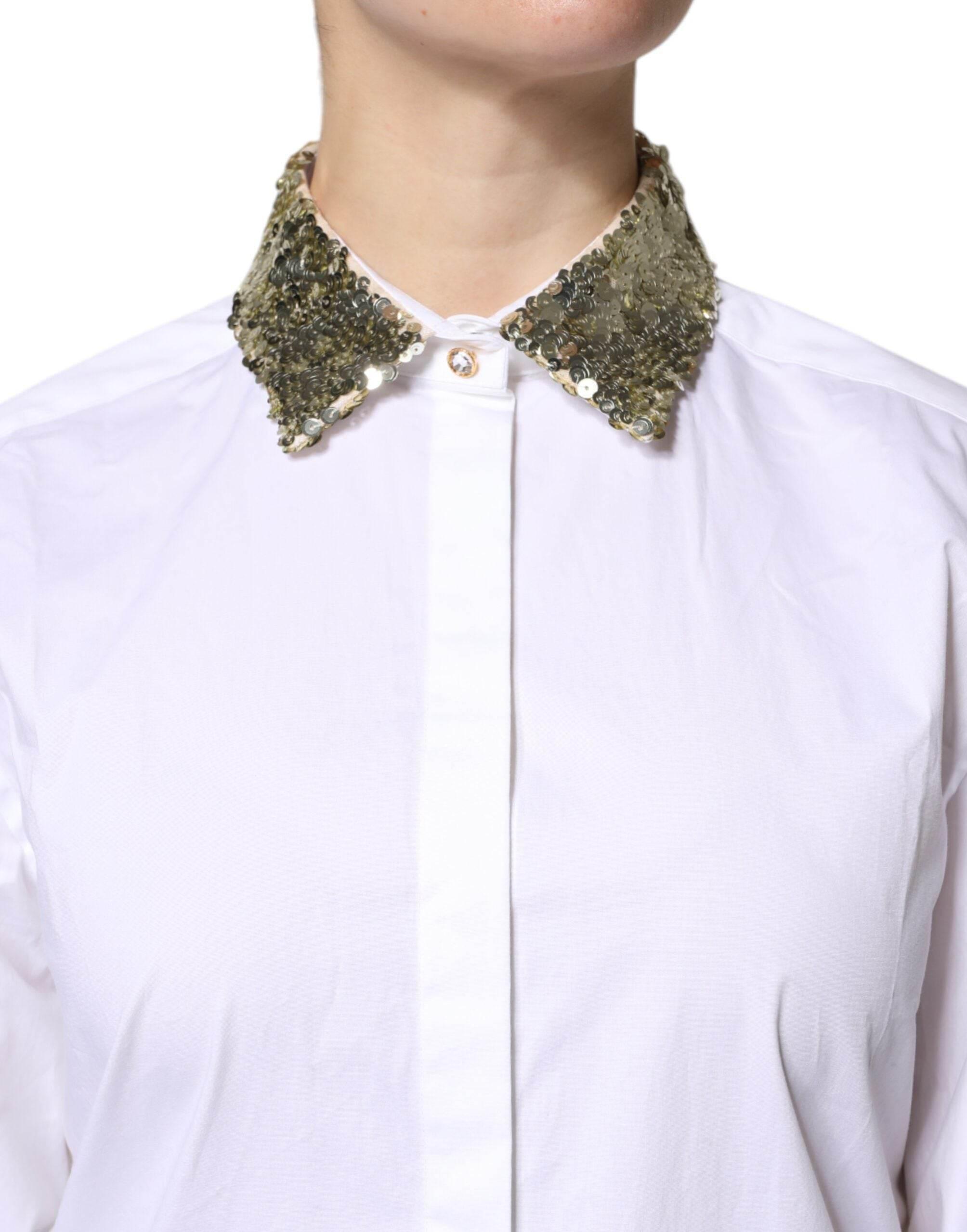 Dolce & Gabbana White Cotton Long Sleeves Sequin Shirt Top - Hilstor