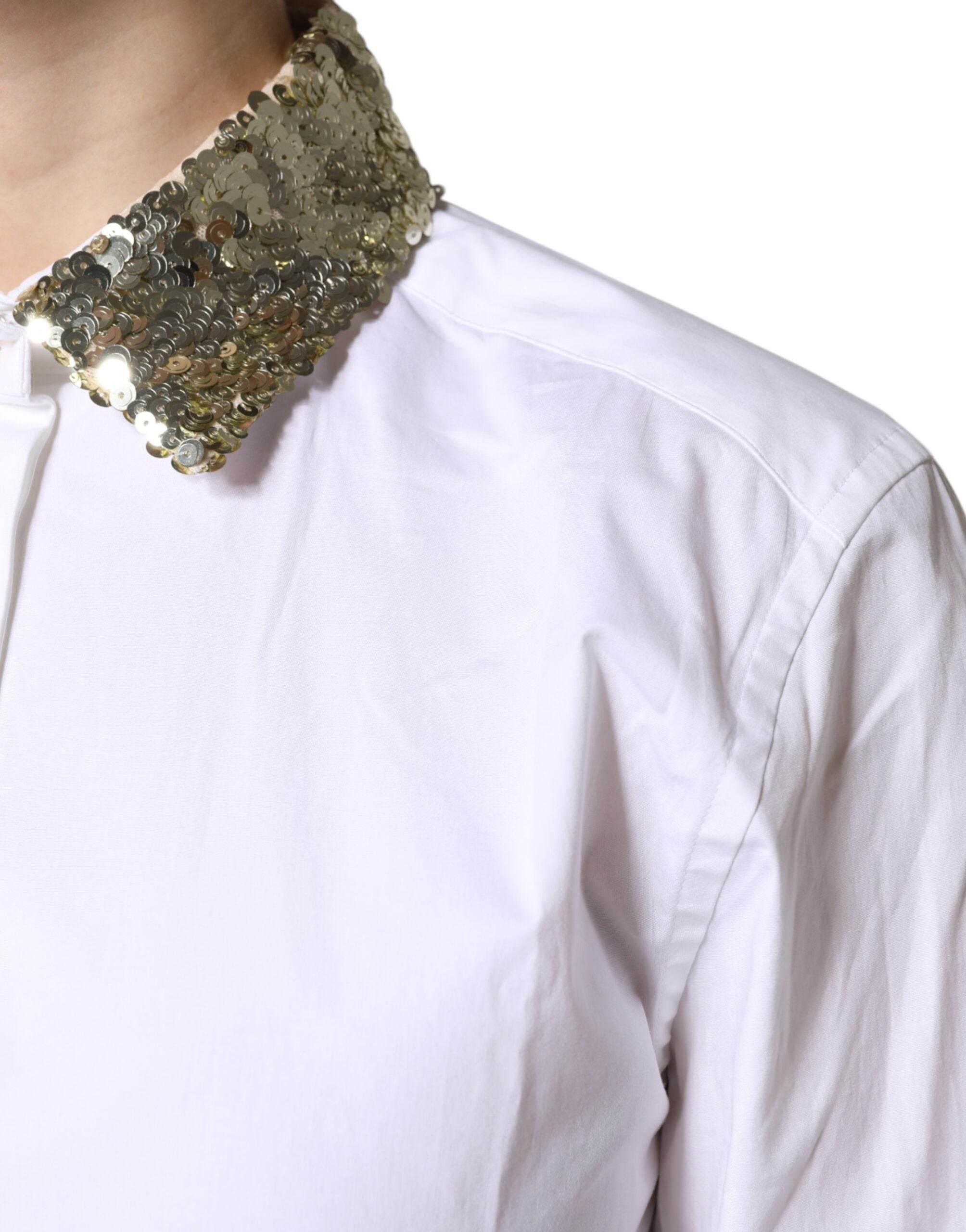 Dolce & Gabbana White Cotton Long Sleeves Sequin Shirt Top - Hilstor