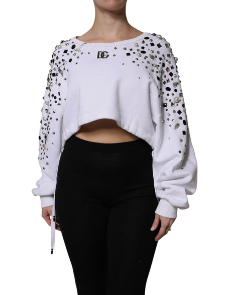 Dolce & Gabbana White Embellished Long Sleeve Cropped Sweater - Hilstor