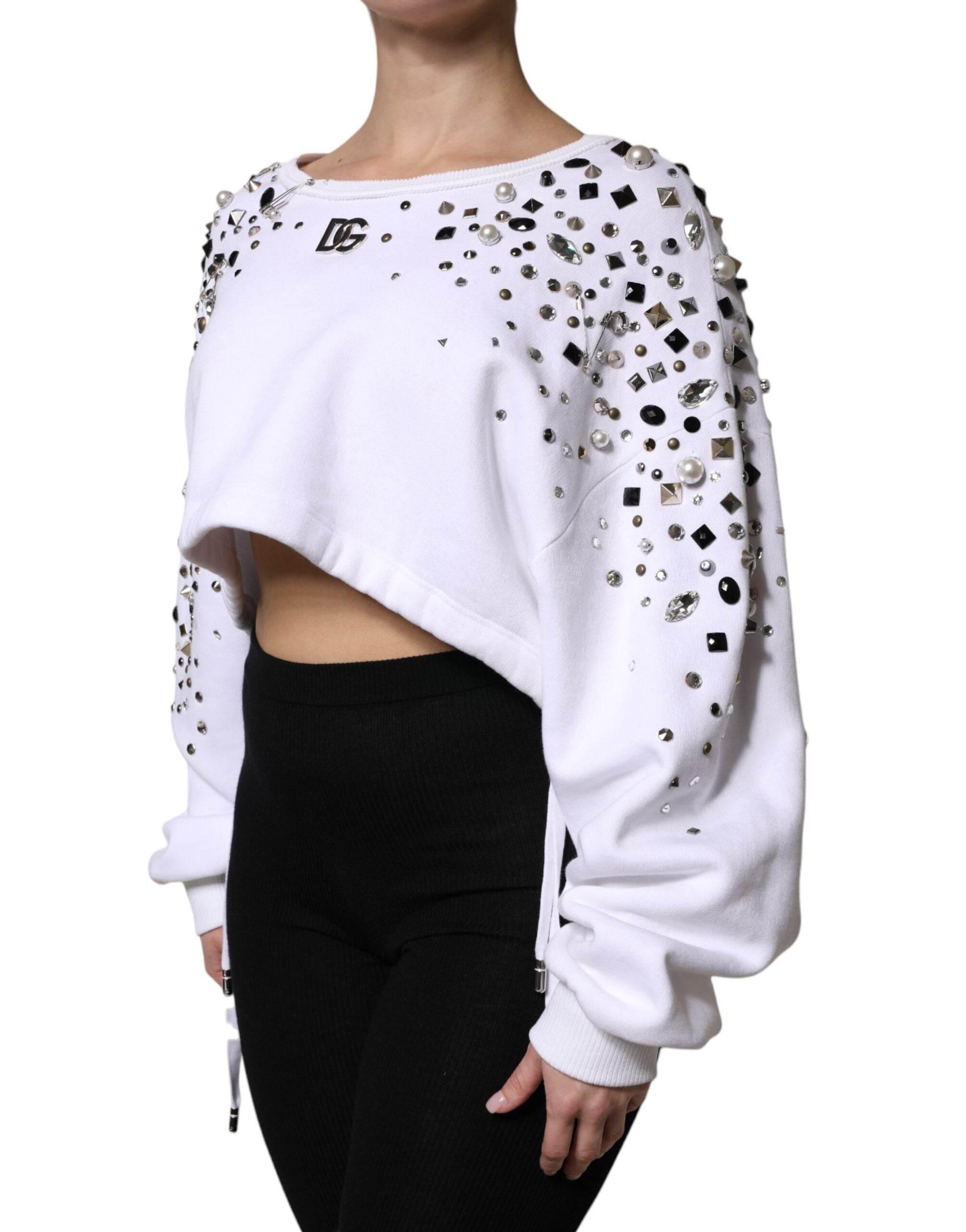 Dolce & Gabbana White Embellished Long Sleeve Cropped Sweater - Hilstor