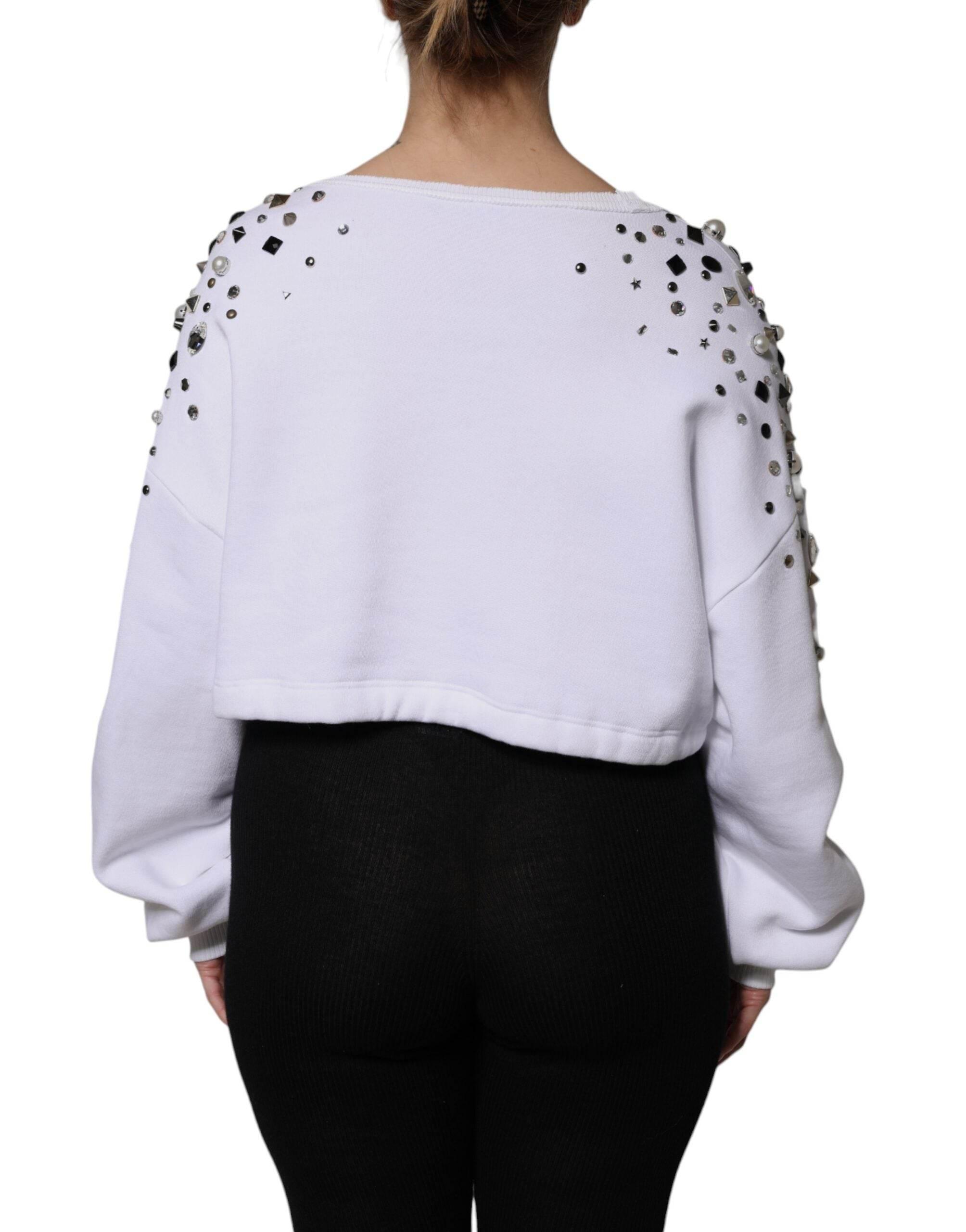 Dolce & Gabbana White Embellished Long Sleeve Cropped Sweater - Hilstor