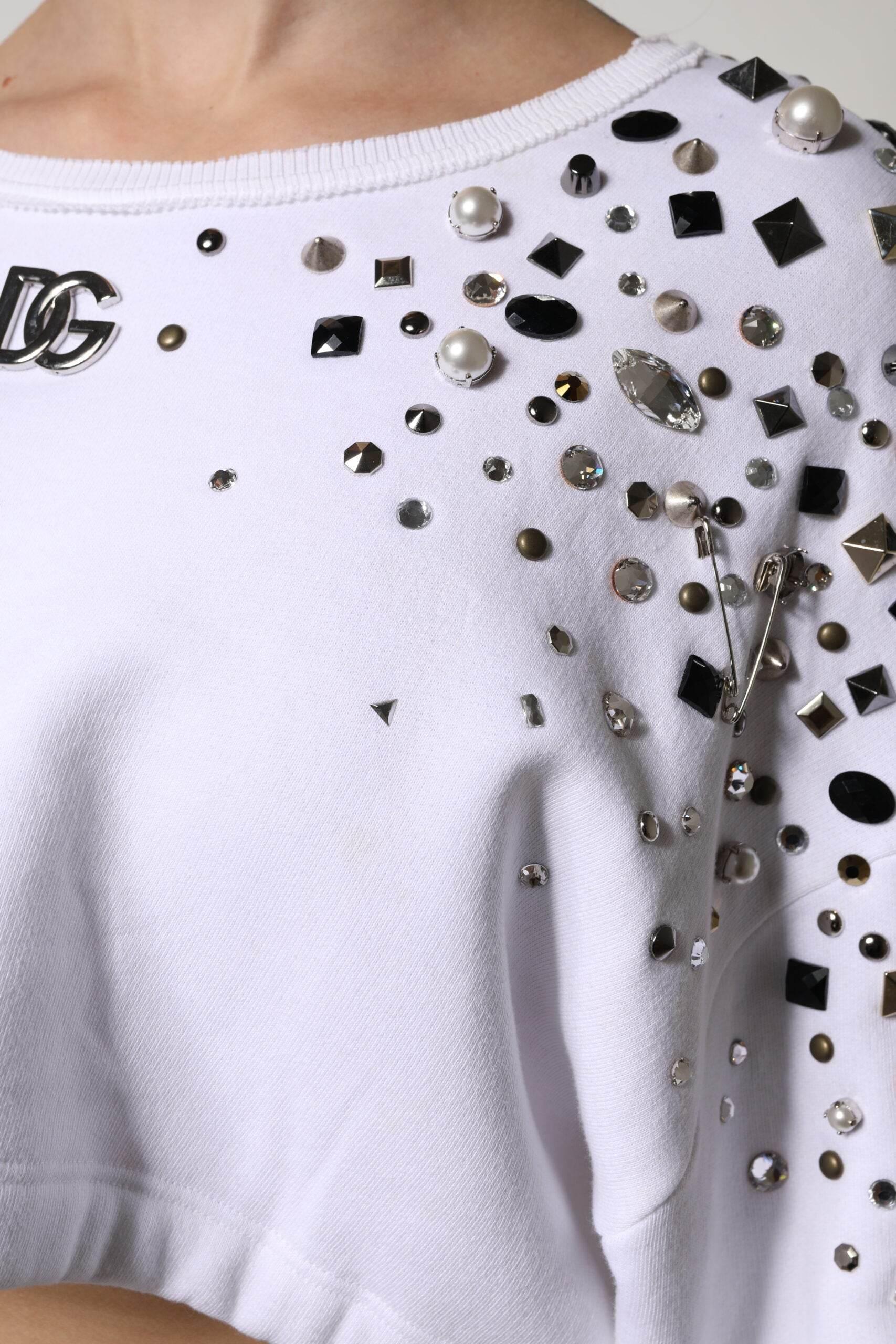Dolce & Gabbana White Embellished Long Sleeve Cropped Sweater - Hilstor