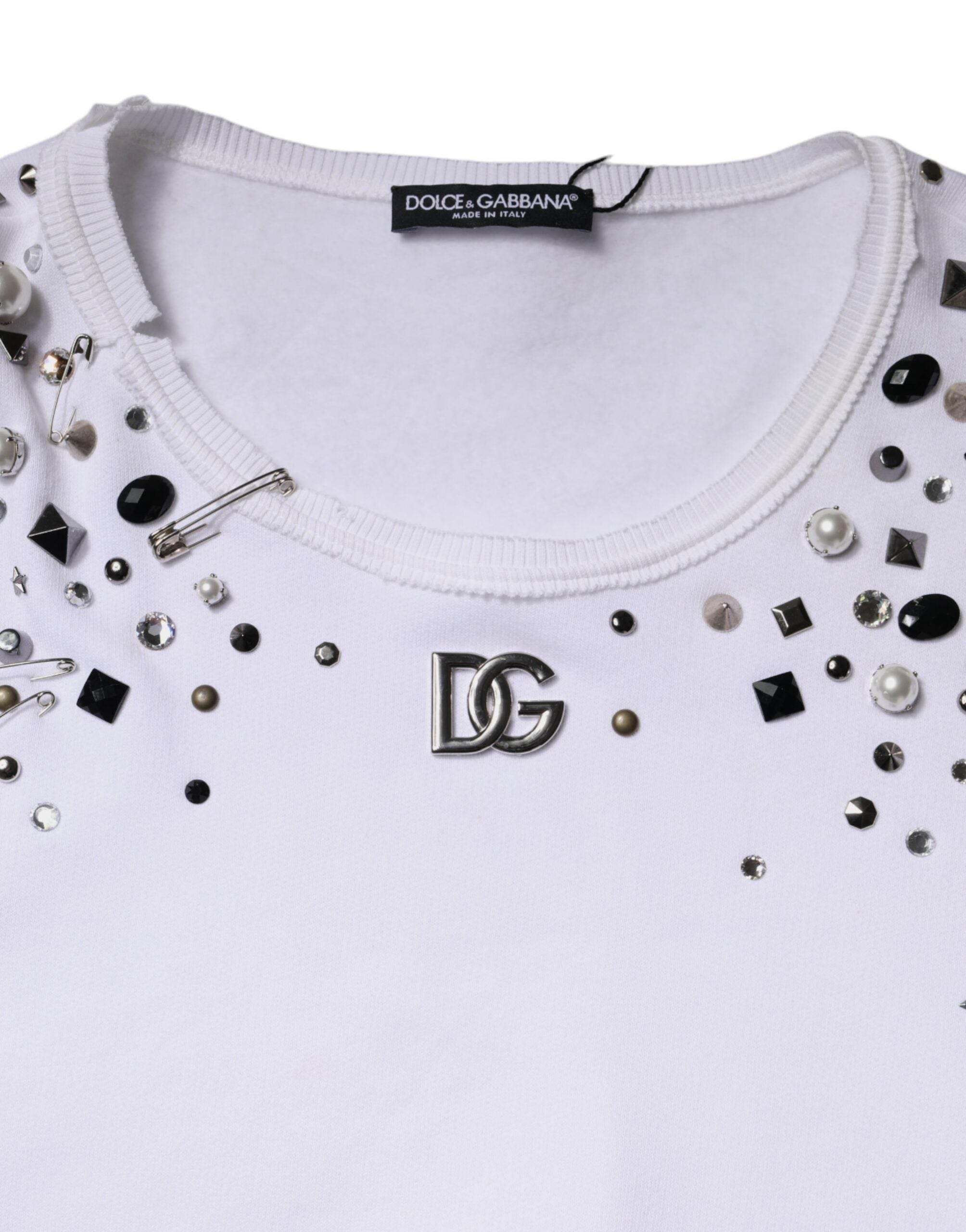 Dolce & Gabbana White Embellished Long Sleeve Cropped Sweater - Hilstor