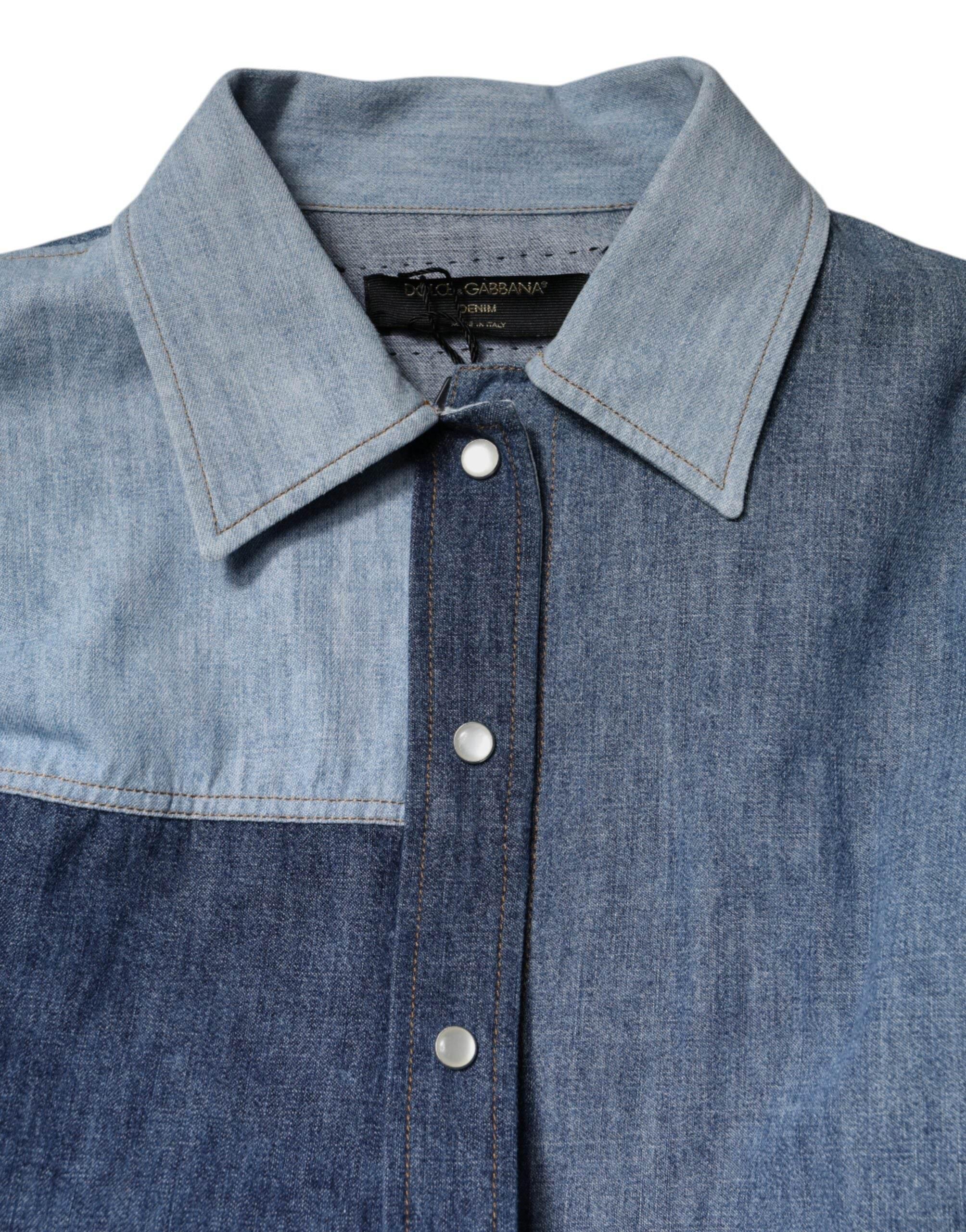 Dolce & Gabbana Blue Cotton Button Up Collared Long Sleeve Top - Hilstor