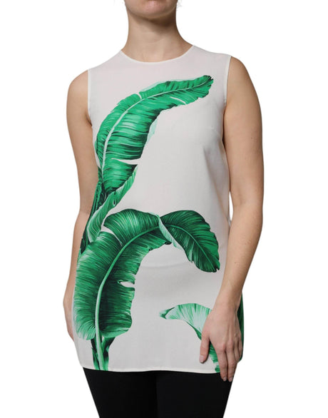 Dolce & Gabbana White Banana Leaf Print Round Neck Tank Top - Hilstor