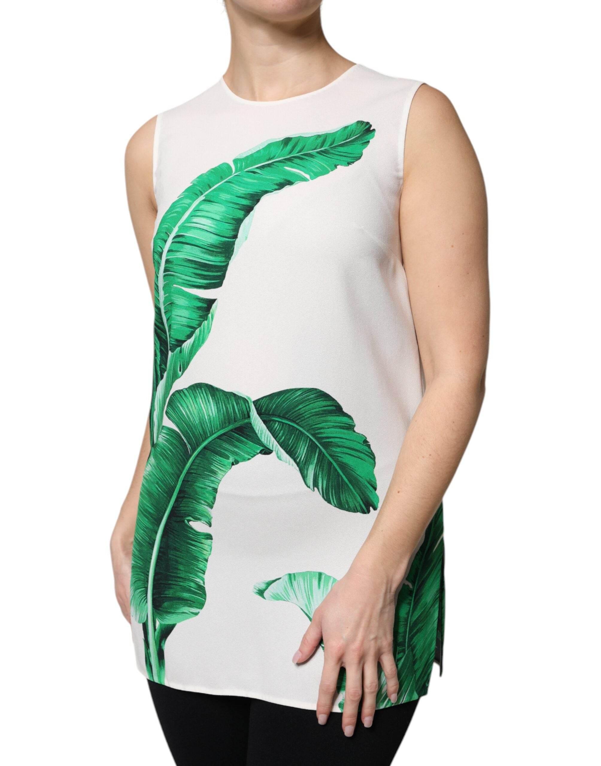 Dolce & Gabbana White Banana Leaf Print Round Neck Tank Top - Hilstor