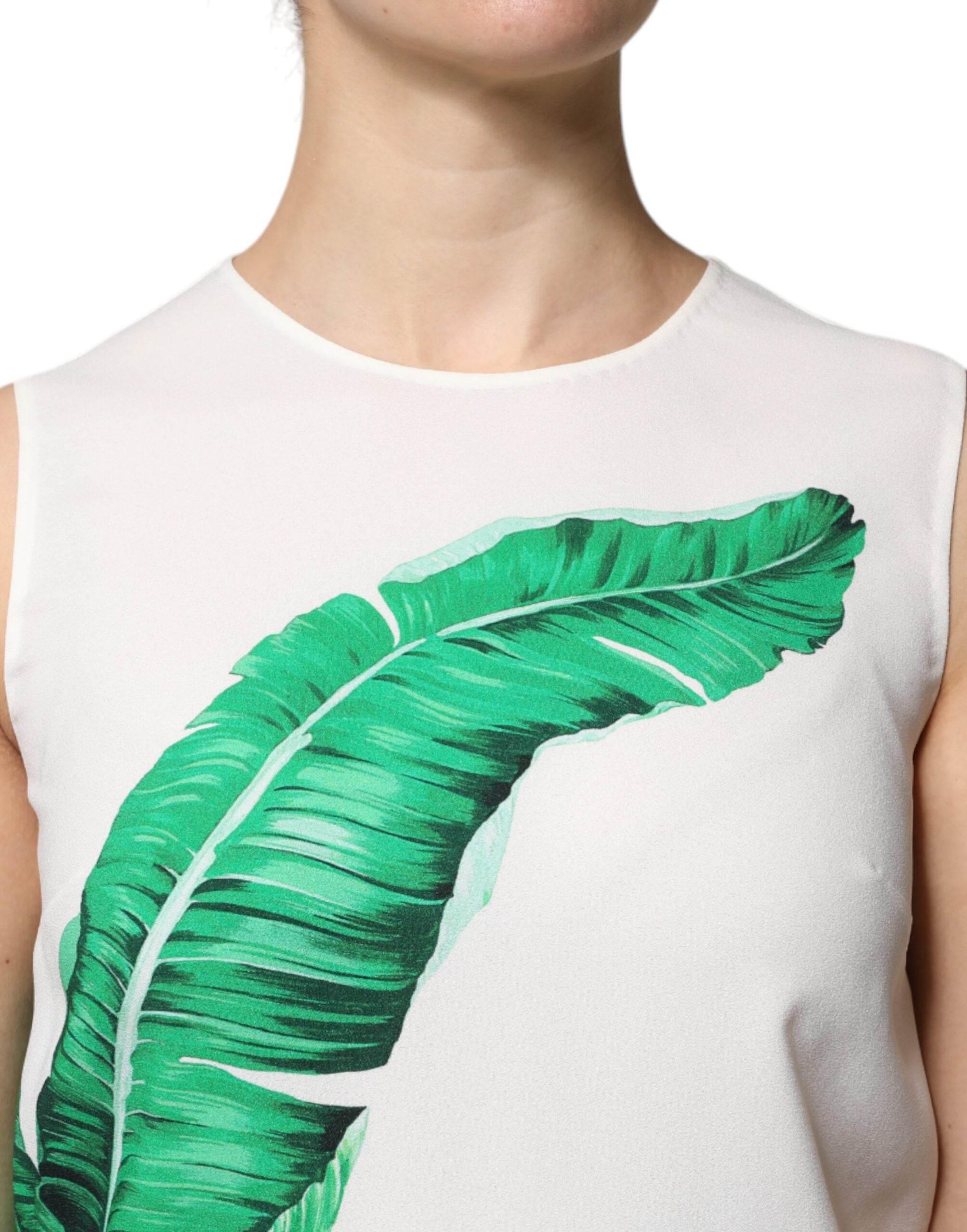 Dolce & Gabbana White Banana Leaf Print Round Neck Tank Top - Hilstor