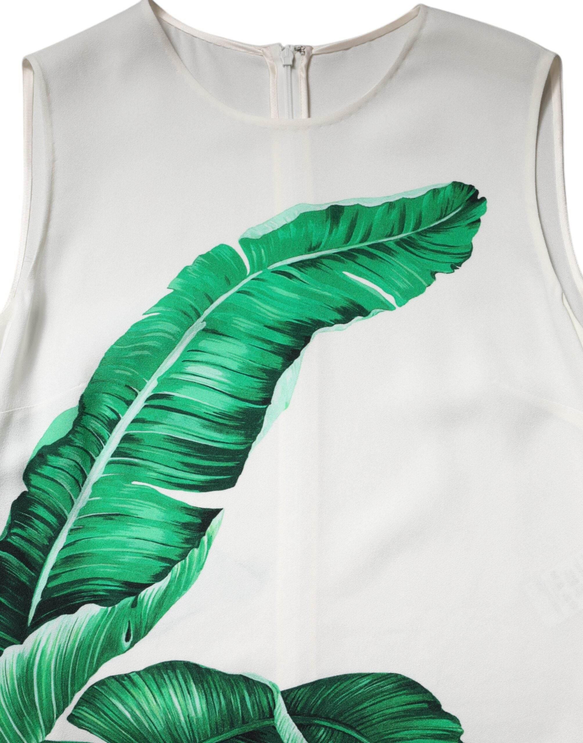 Dolce & Gabbana White Banana Leaf Print Round Neck Tank Top - Hilstor