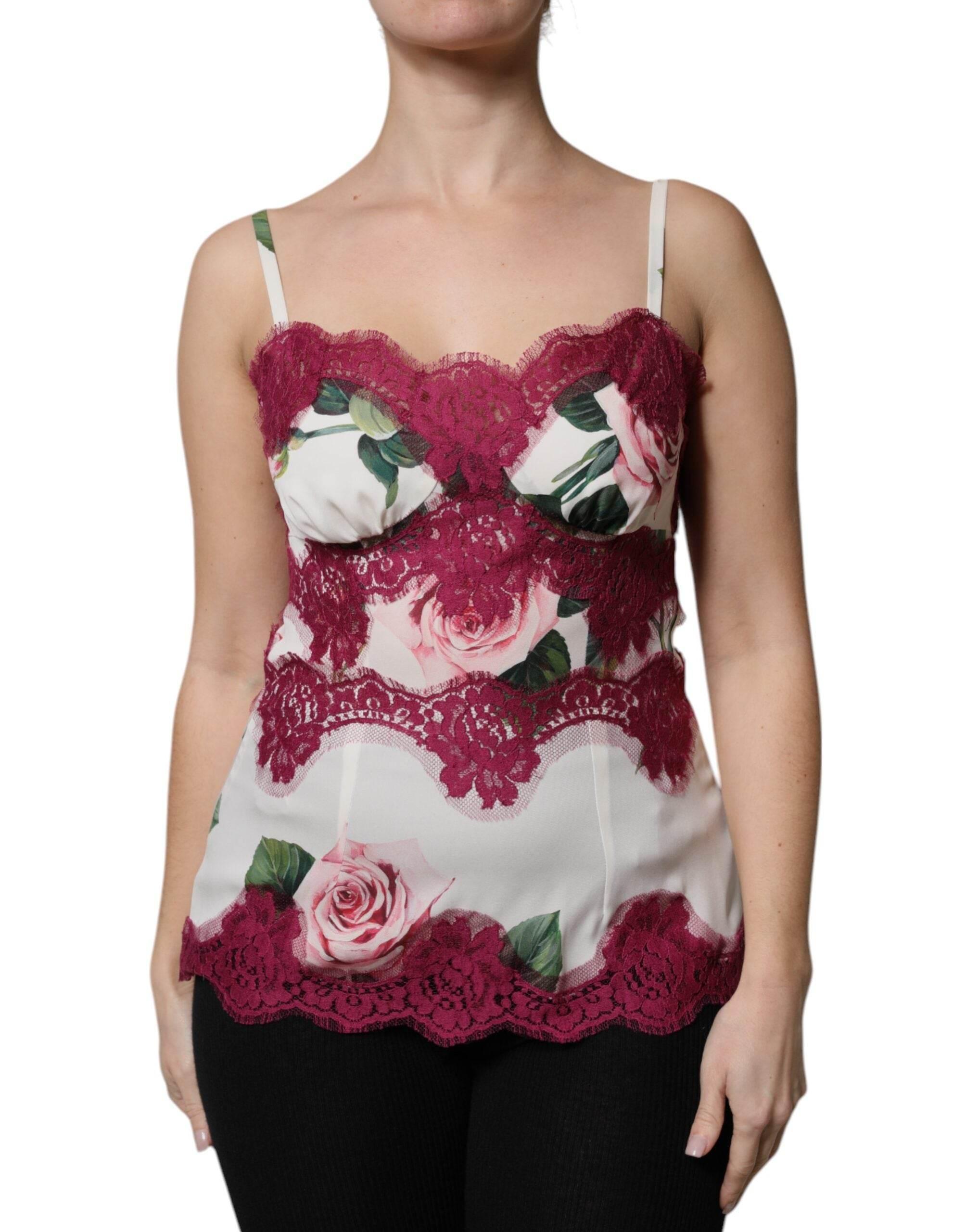 Dolce & Gabbana White Rose Print Satin Lace Tank Top Lingerie - Hilstor