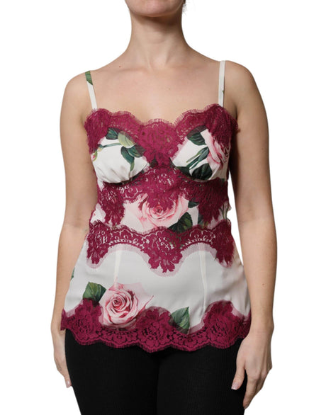 Dolce & Gabbana White Rose Print Satin Lace Tank Top Lingerie - Hilstor