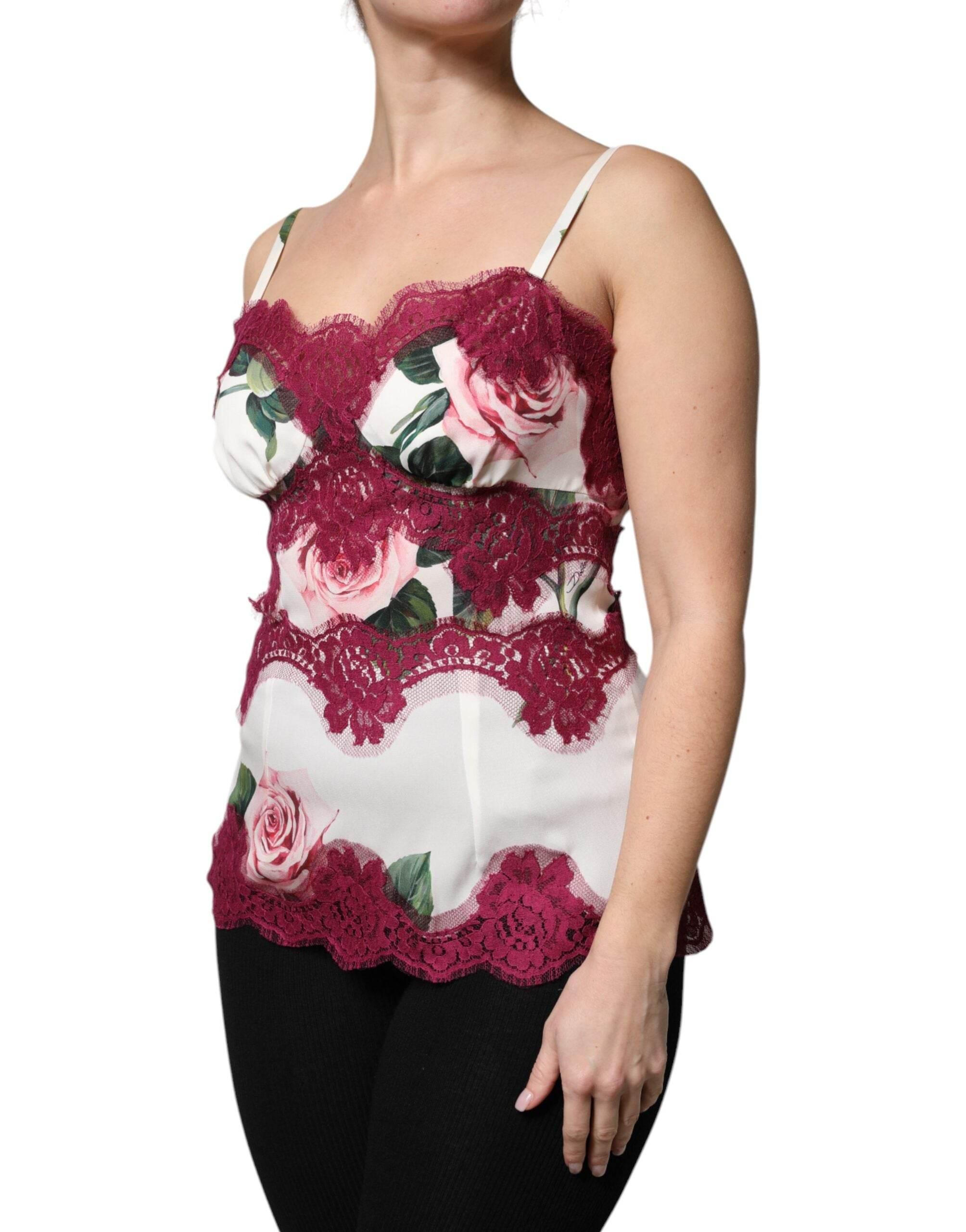 Dolce & Gabbana White Rose Print Satin Lace Tank Top Lingerie - Hilstor