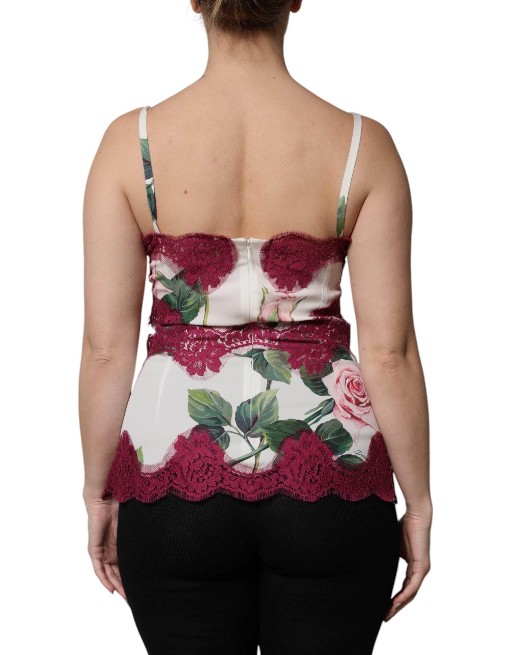 Dolce & Gabbana White Rose Print Satin Lace Tank Top Lingerie - Hilstor