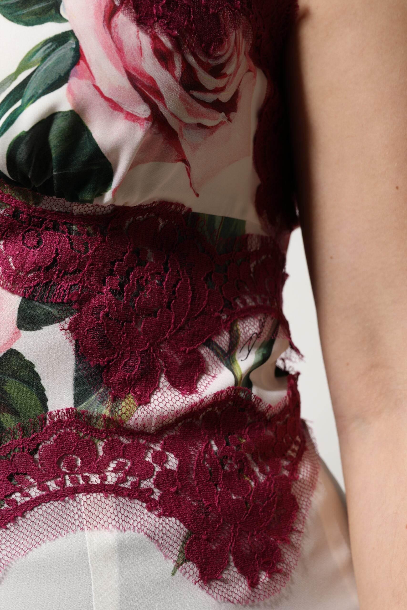 Dolce & Gabbana White Rose Print Satin Lace Tank Top Lingerie - Hilstor