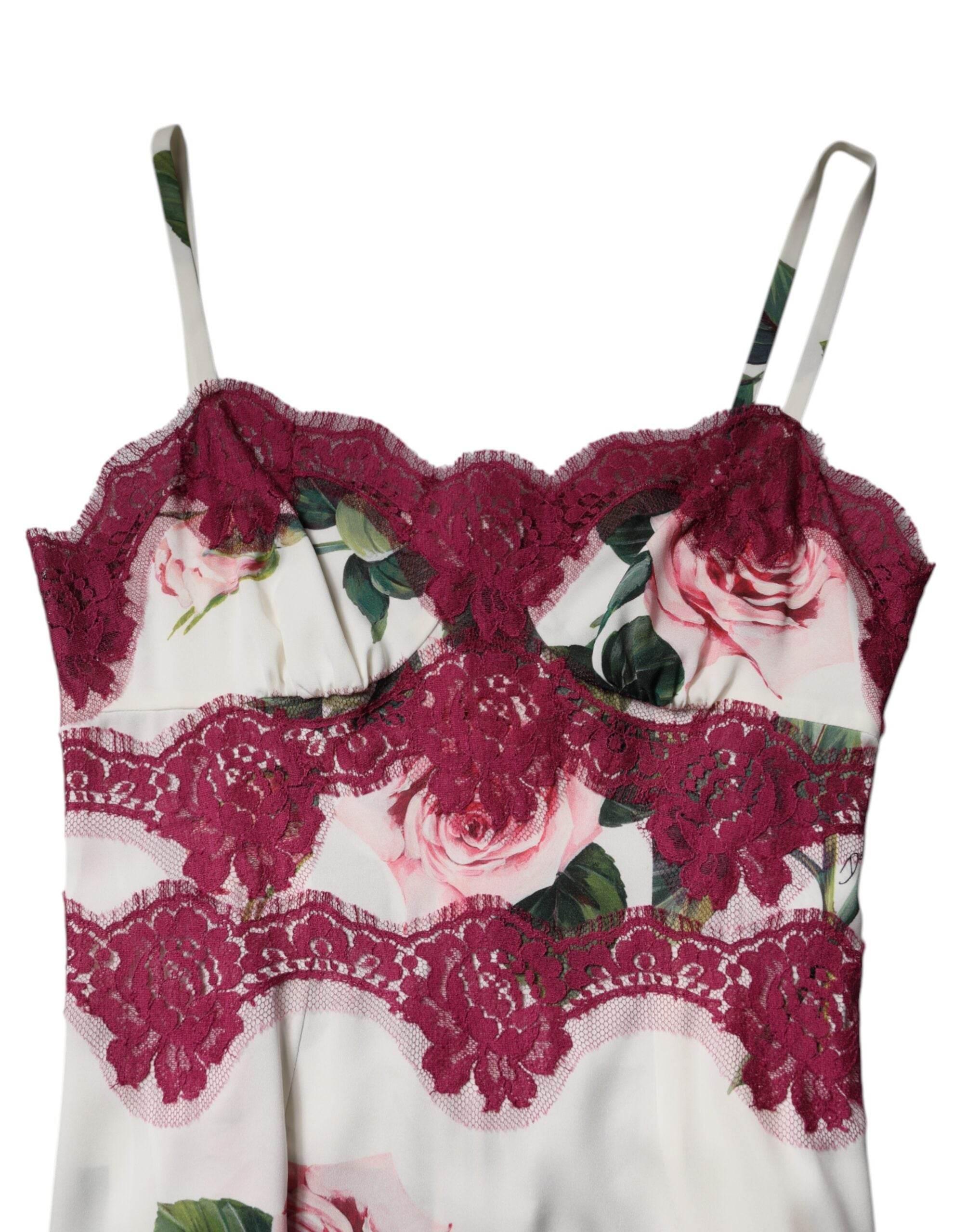 Dolce & Gabbana White Rose Print Satin Lace Tank Top Lingerie - Hilstor