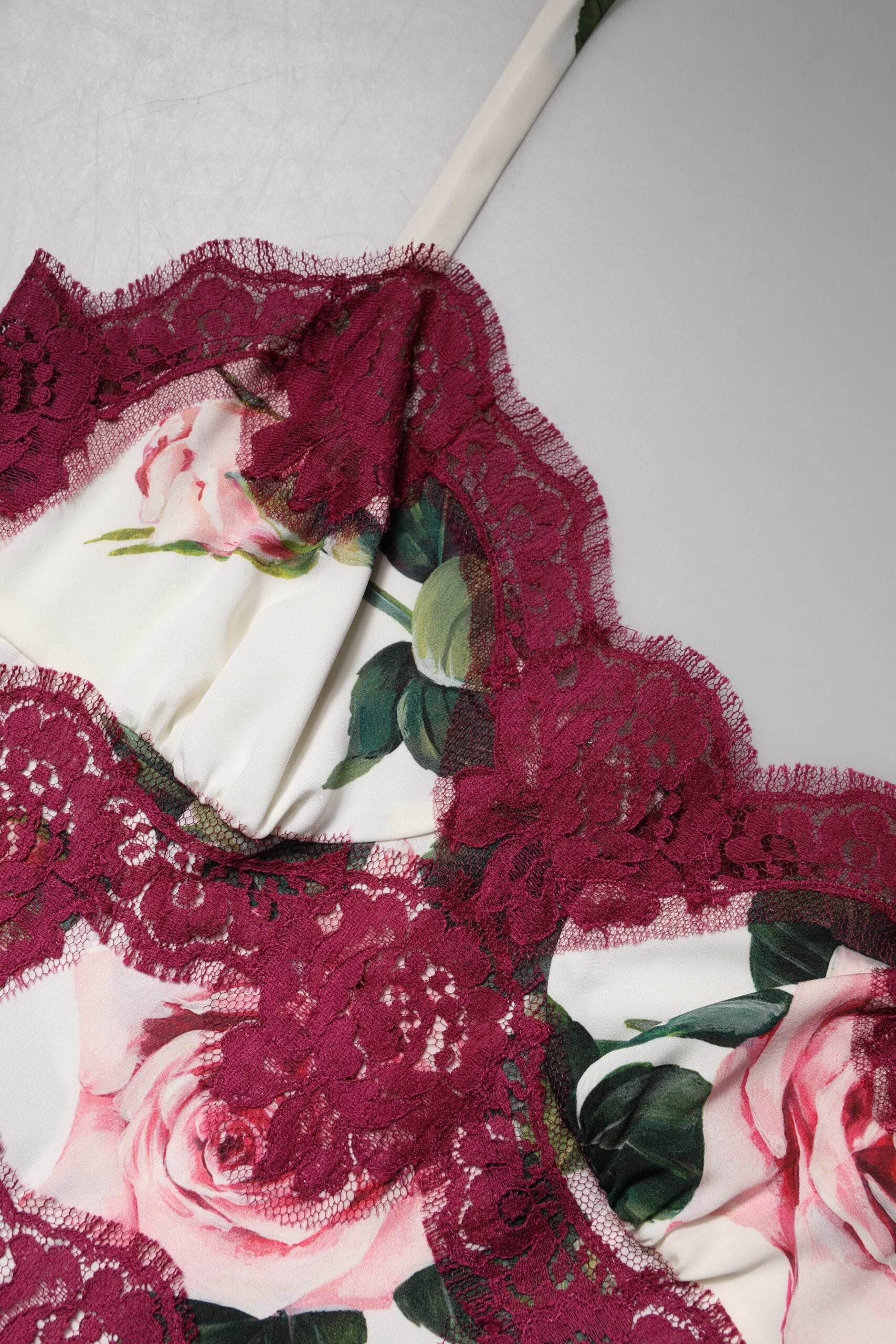 Dolce & Gabbana White Rose Print Satin Lace Tank Top Lingerie - Hilstor