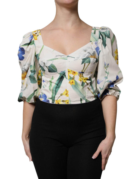 Dolce & Gabbana White Floral Puff Sleeves Crop Blouse Top - Hilstor