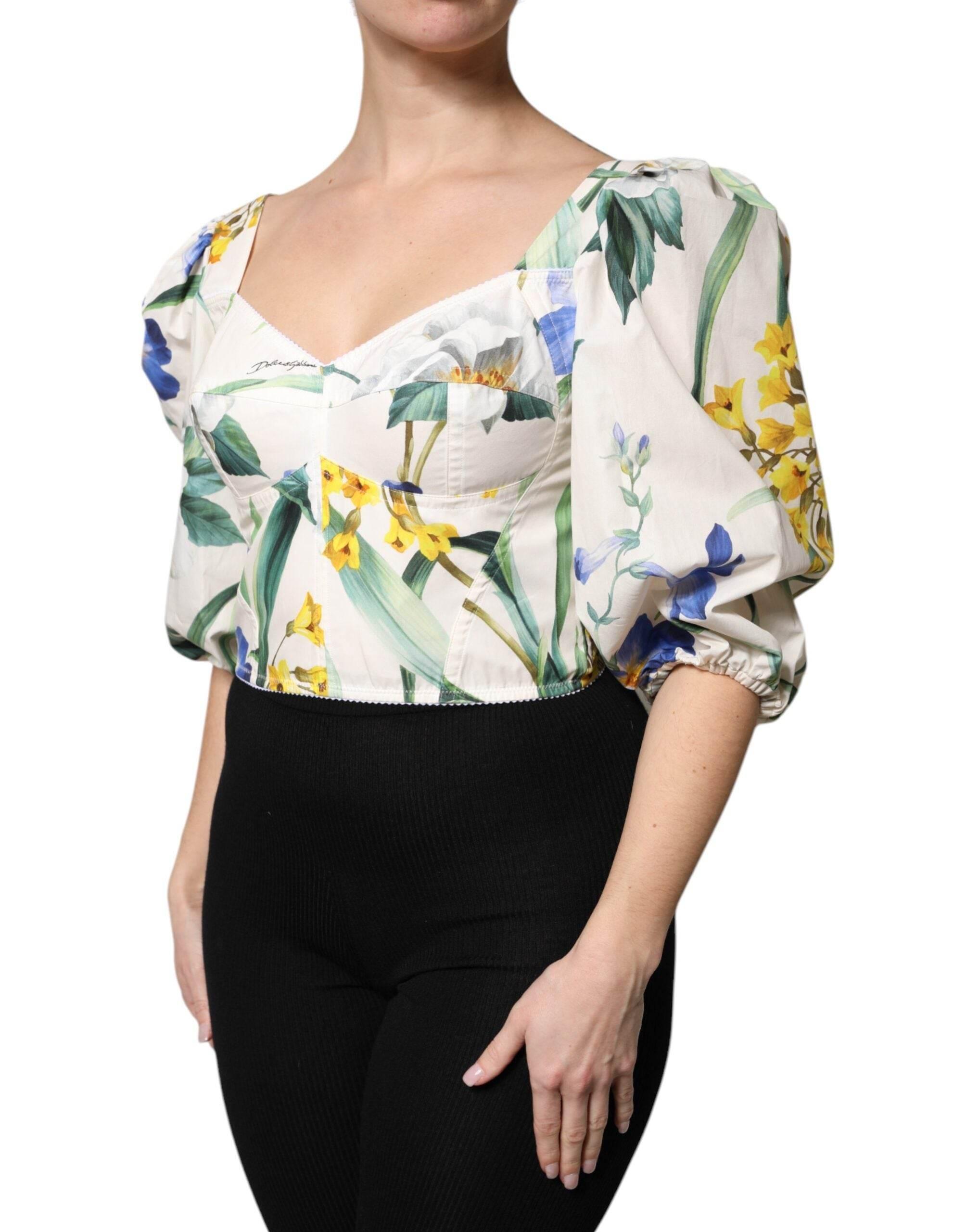 Dolce & Gabbana White Floral Puff Sleeves Crop Blouse Top - Hilstor