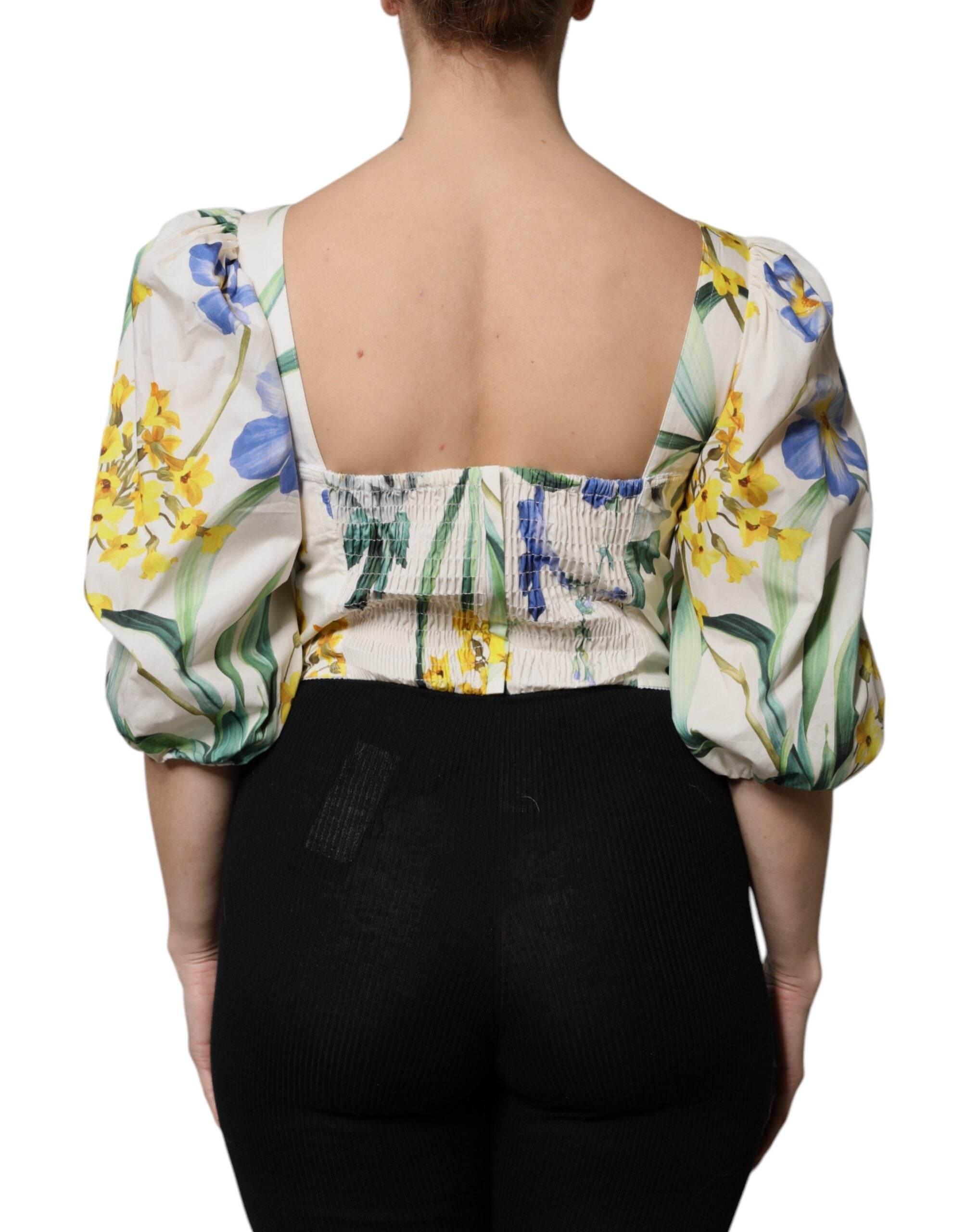 Dolce & Gabbana White Floral Puff Sleeves Crop Blouse Top - Hilstor