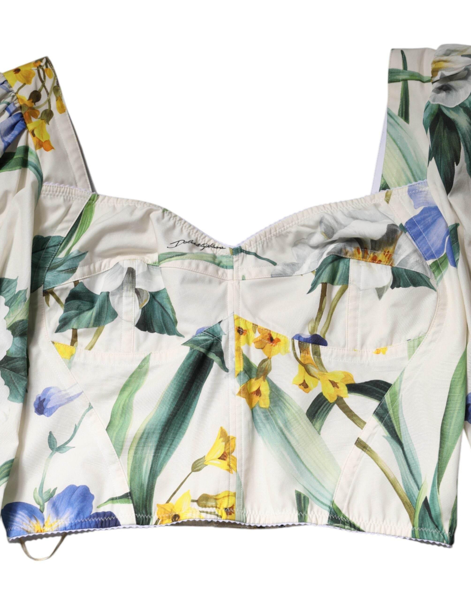 Dolce & Gabbana White Floral Puff Sleeves Crop Blouse Top - Hilstor