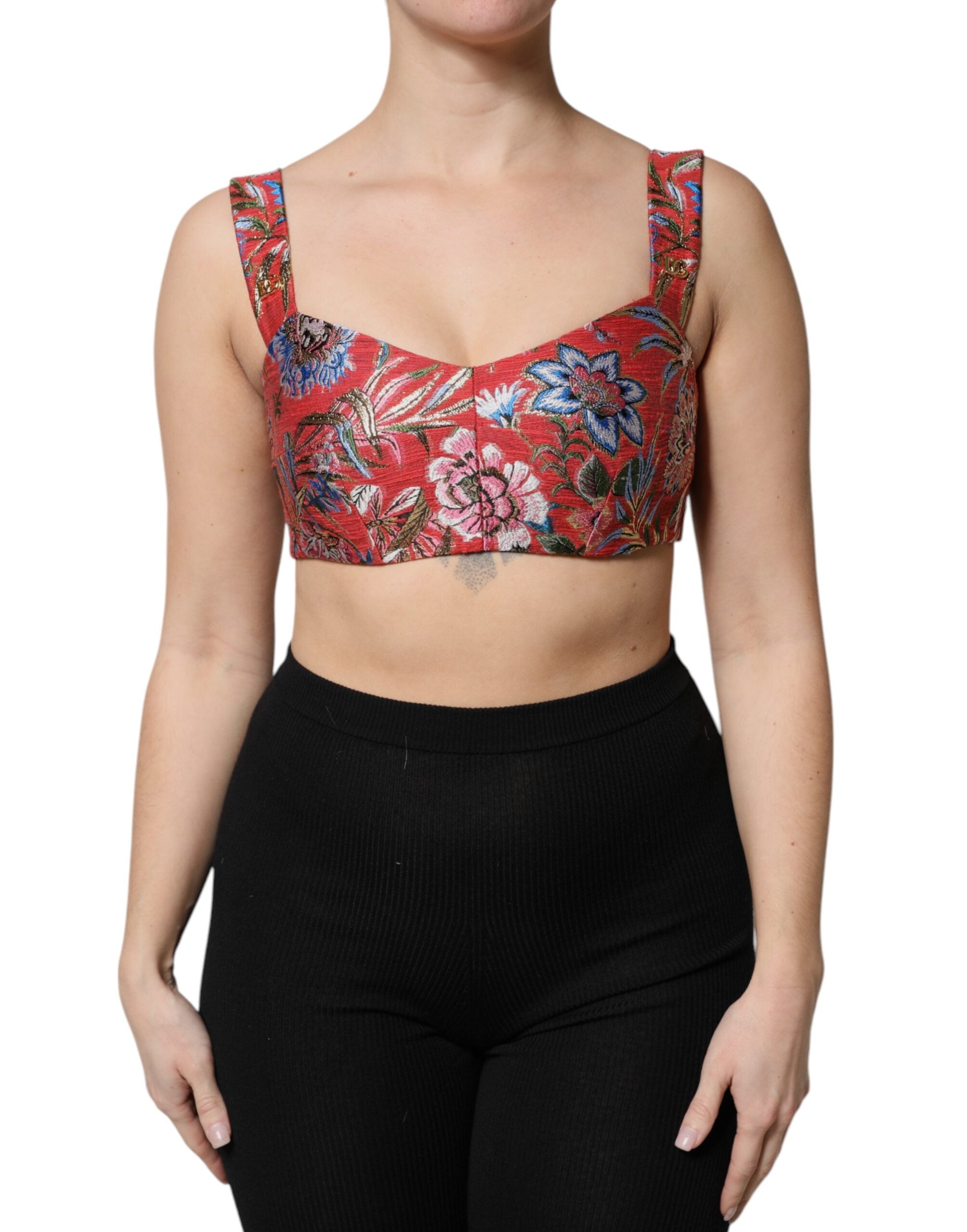 Dolce &amp; Gabbana Rød Blomster Brocade Cropped Bustier Corset Top
