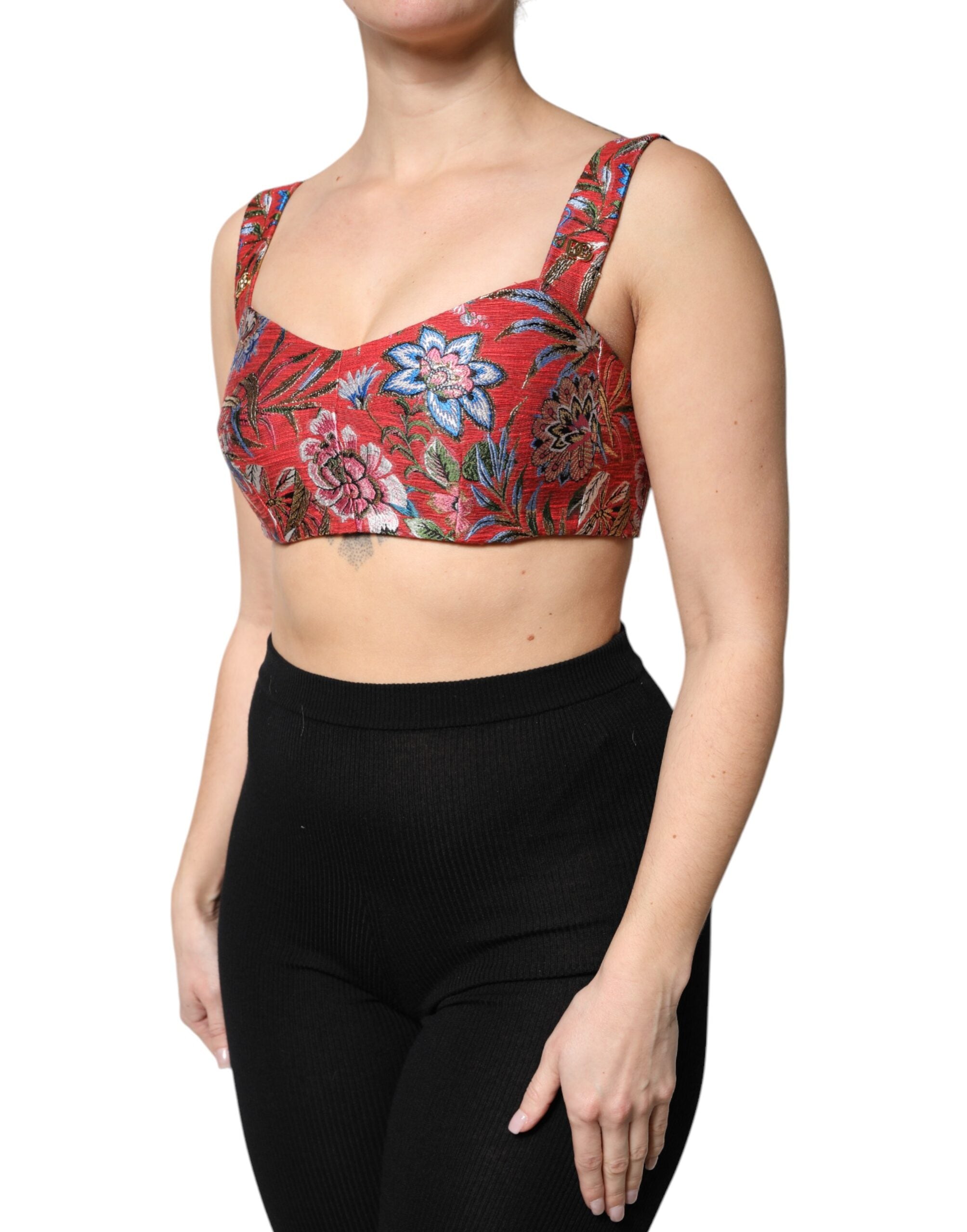 Dolce &amp; Gabbana Rød Blomster Brocade Cropped Bustier Corset Top